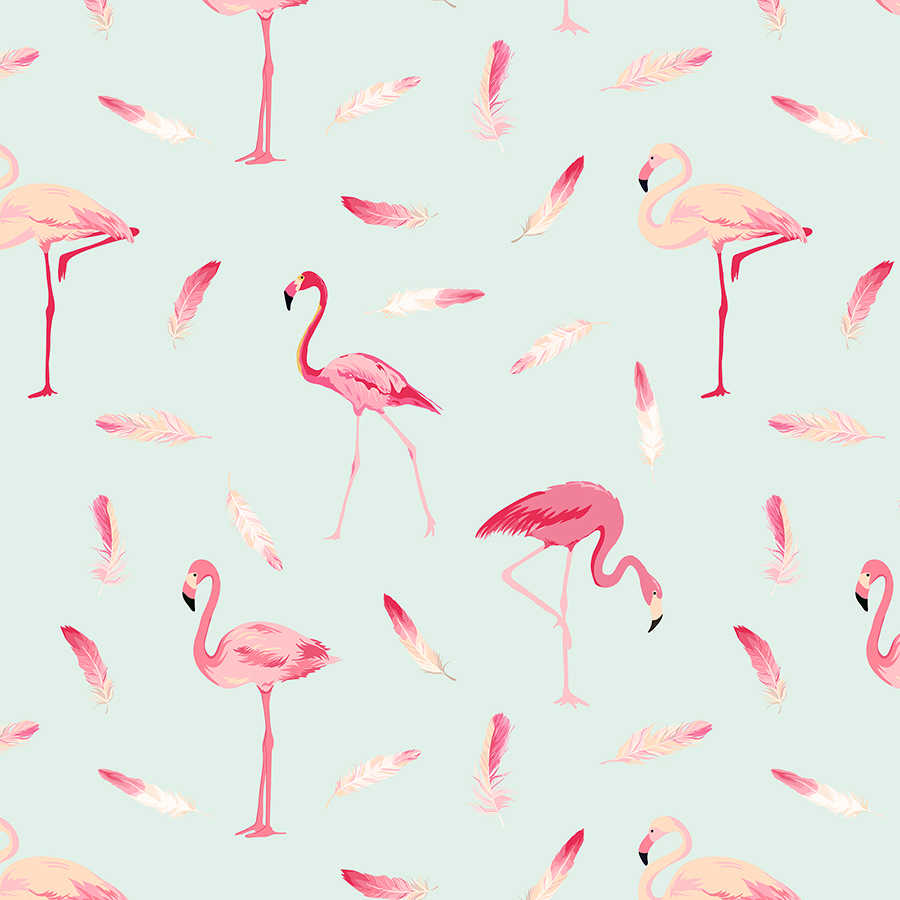 Grafisch Behang Flamingo's en Veren op Parelmoer Glad Vlies
