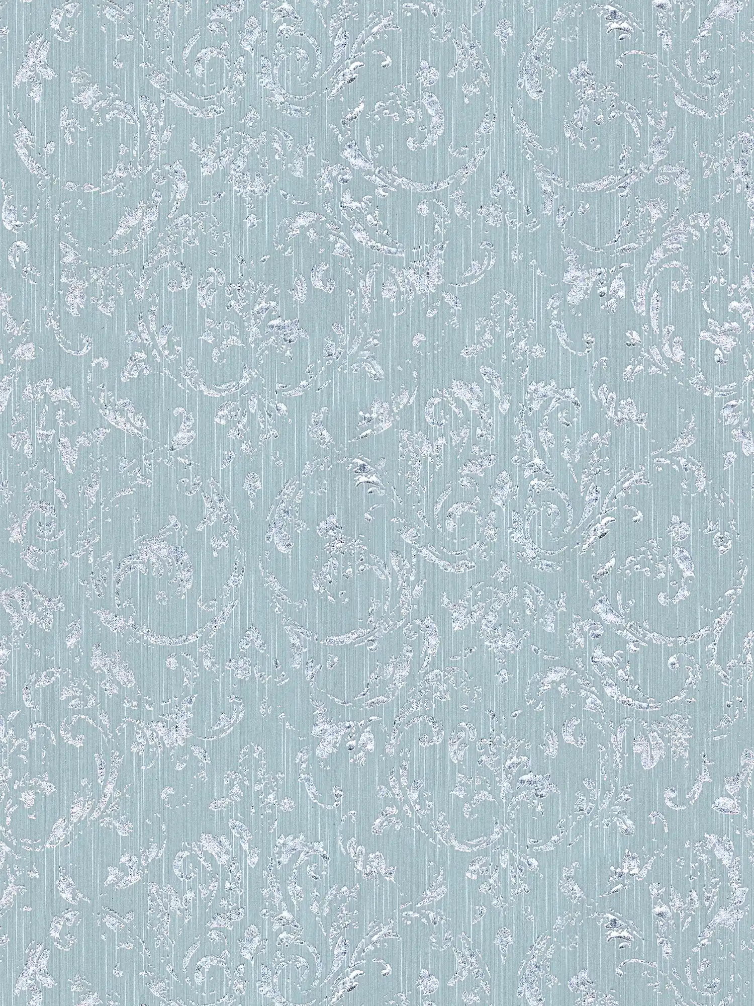 Wallpaper with silver ornaments in used look - blue, green
