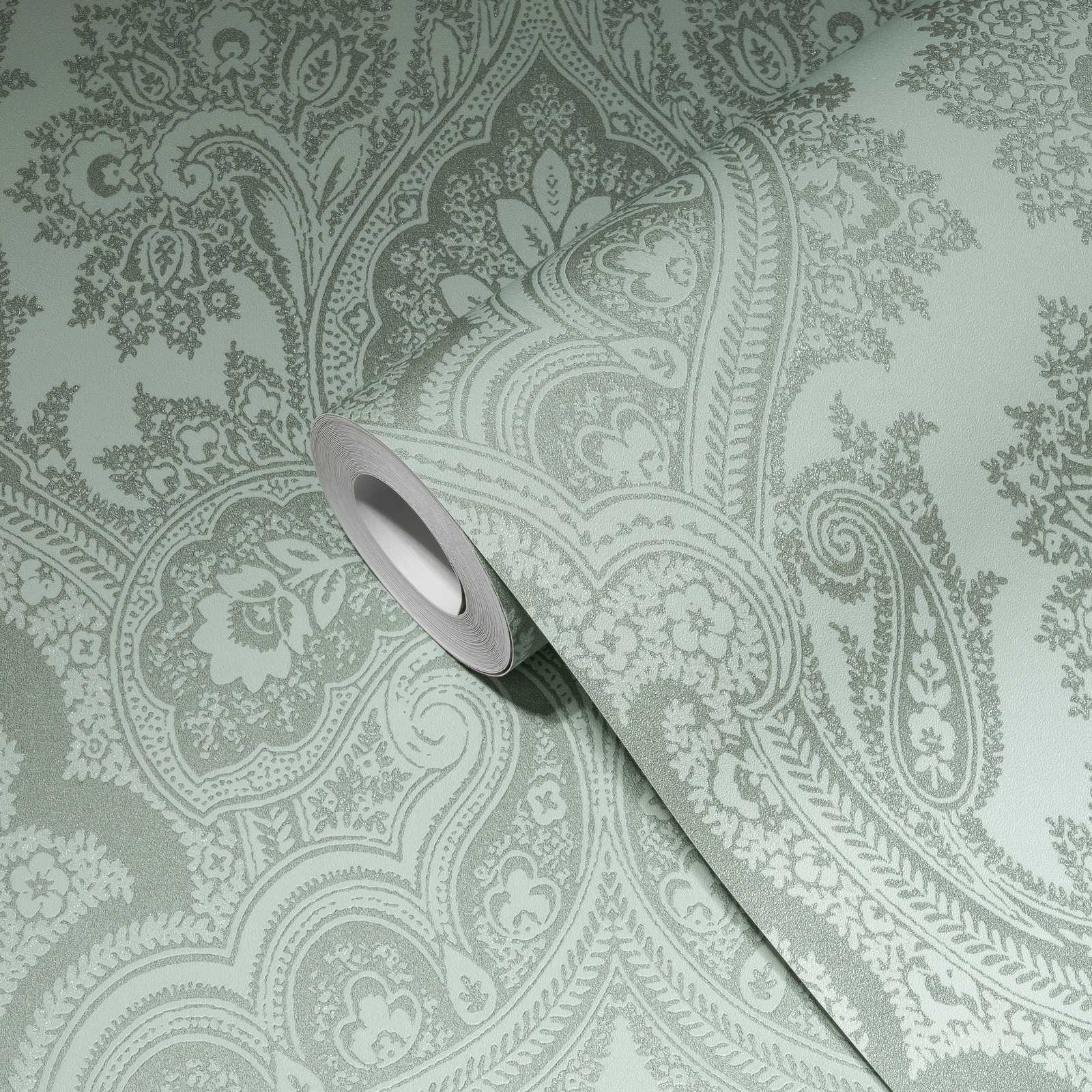             Boho wallpaper mint green & silver grey with ornamental pattern - metallic, green
        