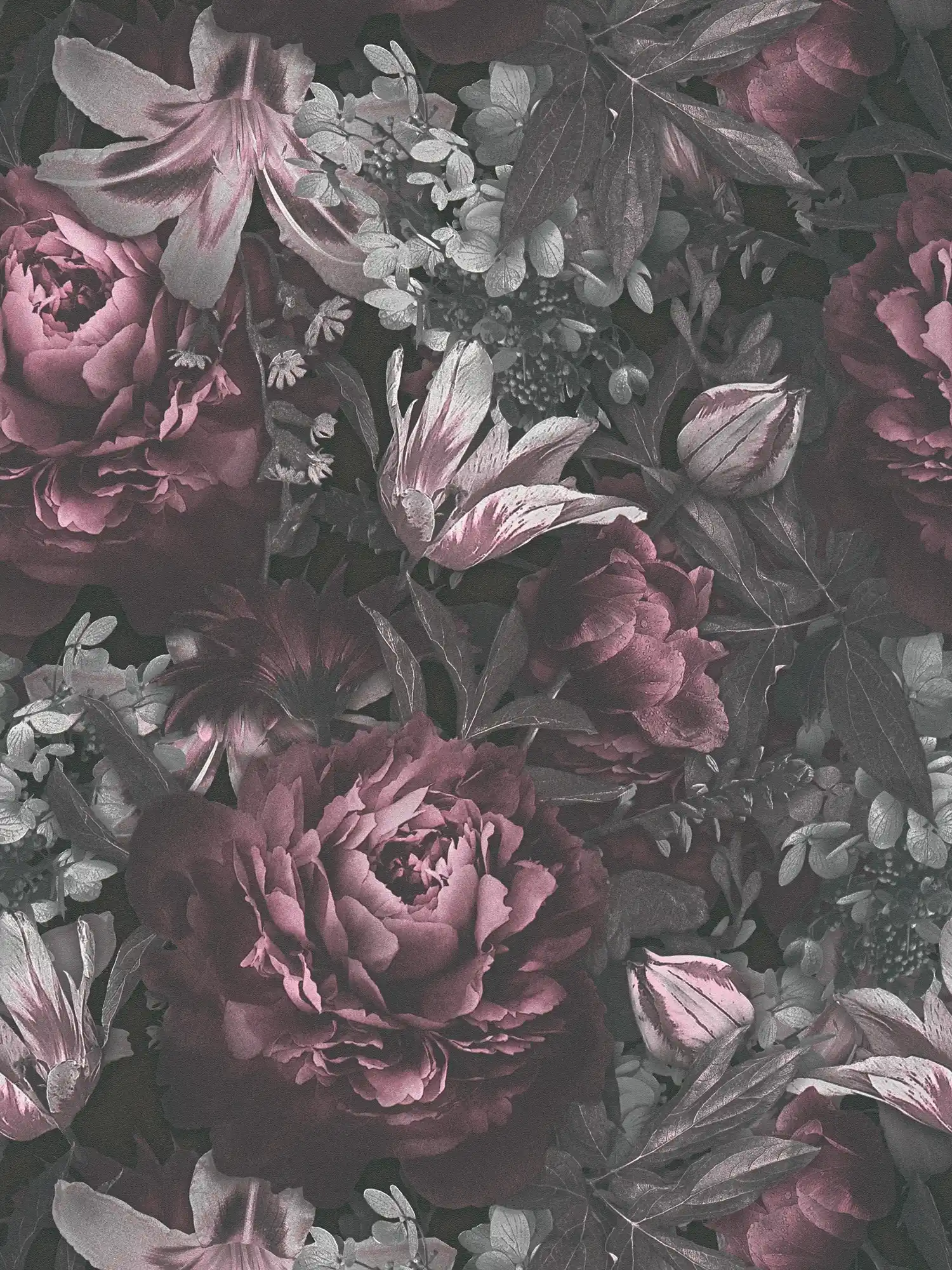 Roses wallpaper flowers in painting style - grey, pink, green
