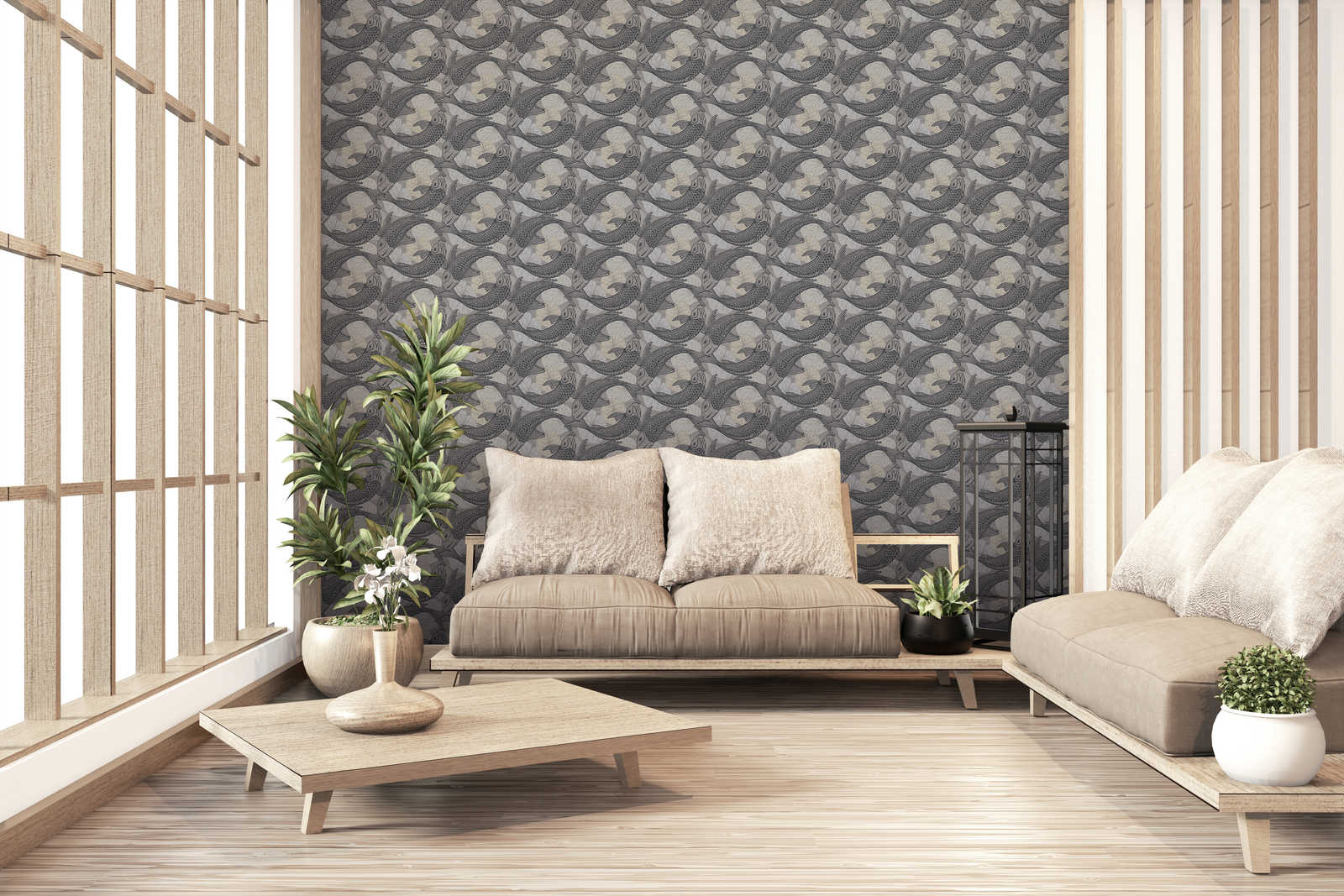             Wallpaper Asian design with koi motif & metallic effect - beige, grey, black
        