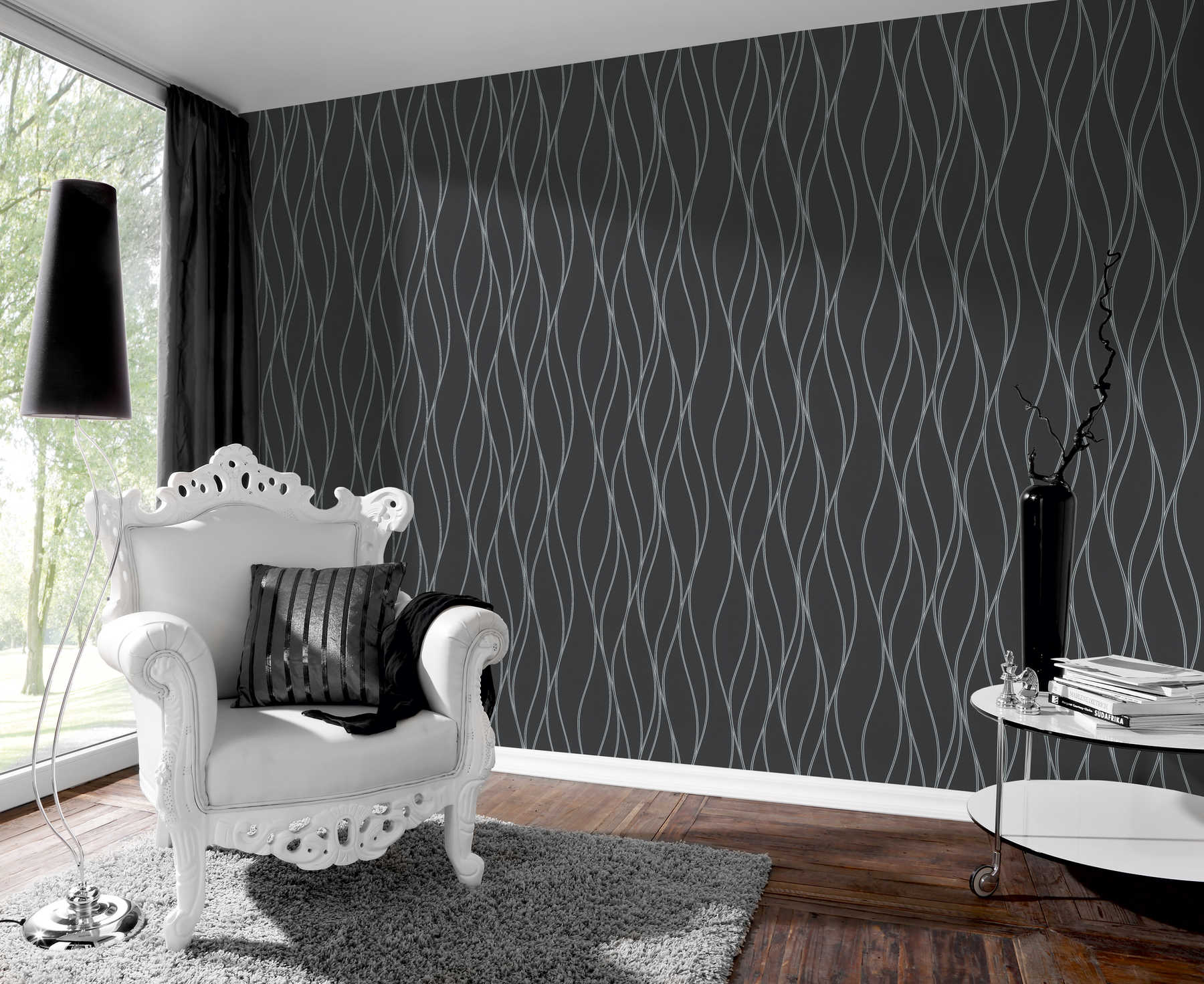             Wallpaper wavy lines vertical, metallic effect - black, silver, grey
        