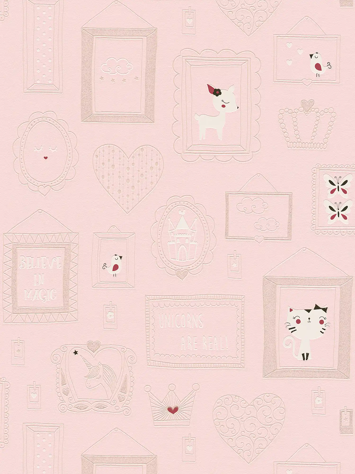         Behang meisjeskamer dierenmotieven met glitter - roze, wit
    