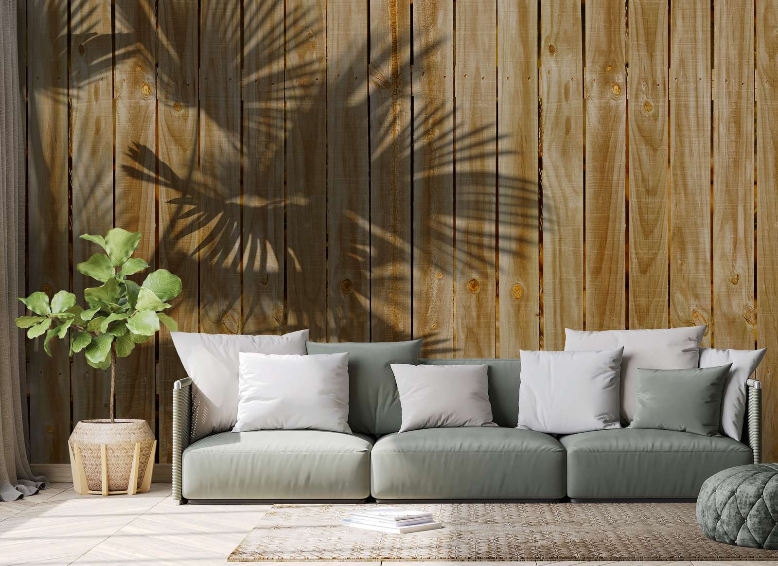             Houtlook muurschildering met schaduw van palmbladeren - Beige
        