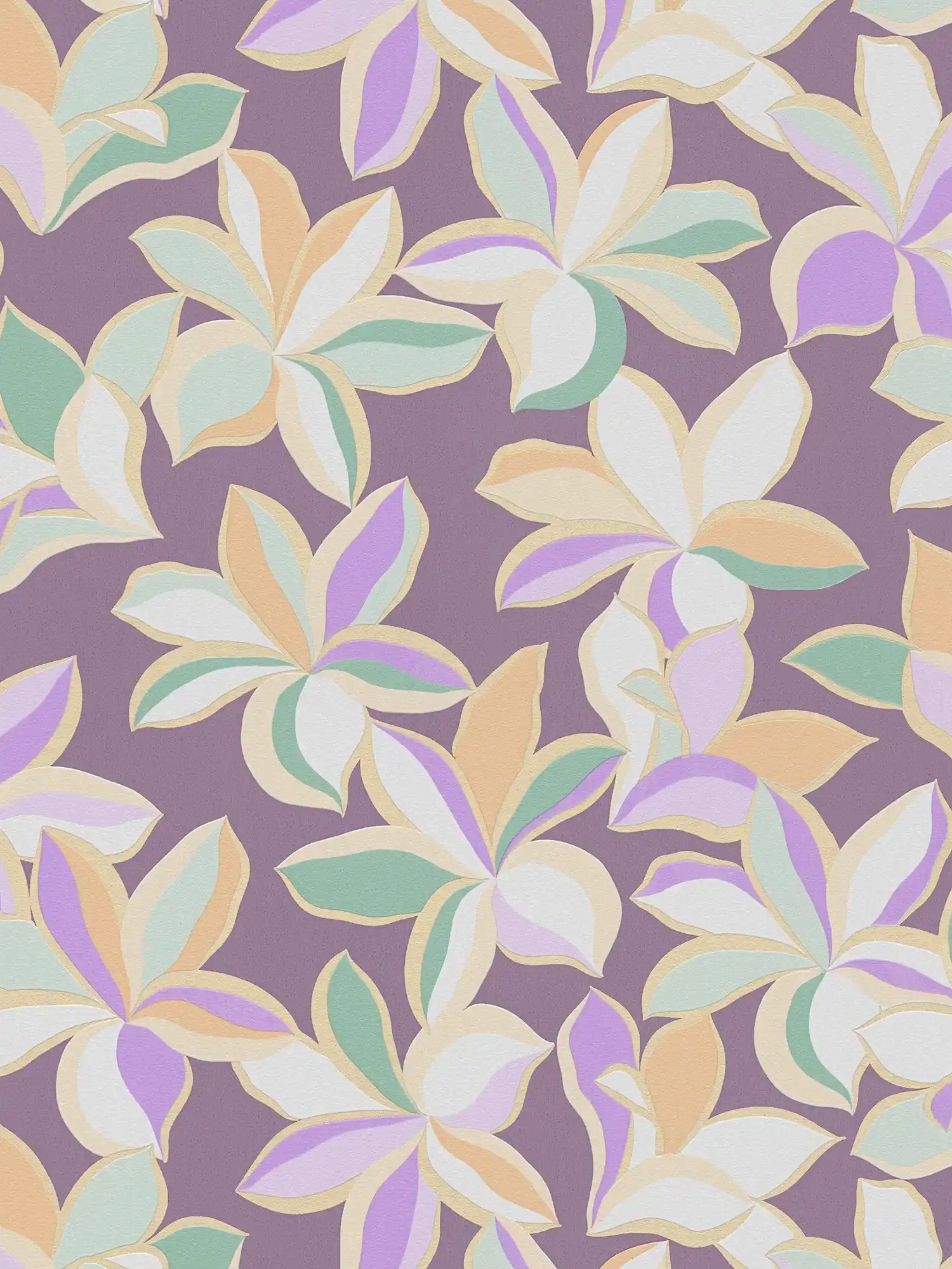 Papier peint fleuri avec motif brillant - violet, or, vert
