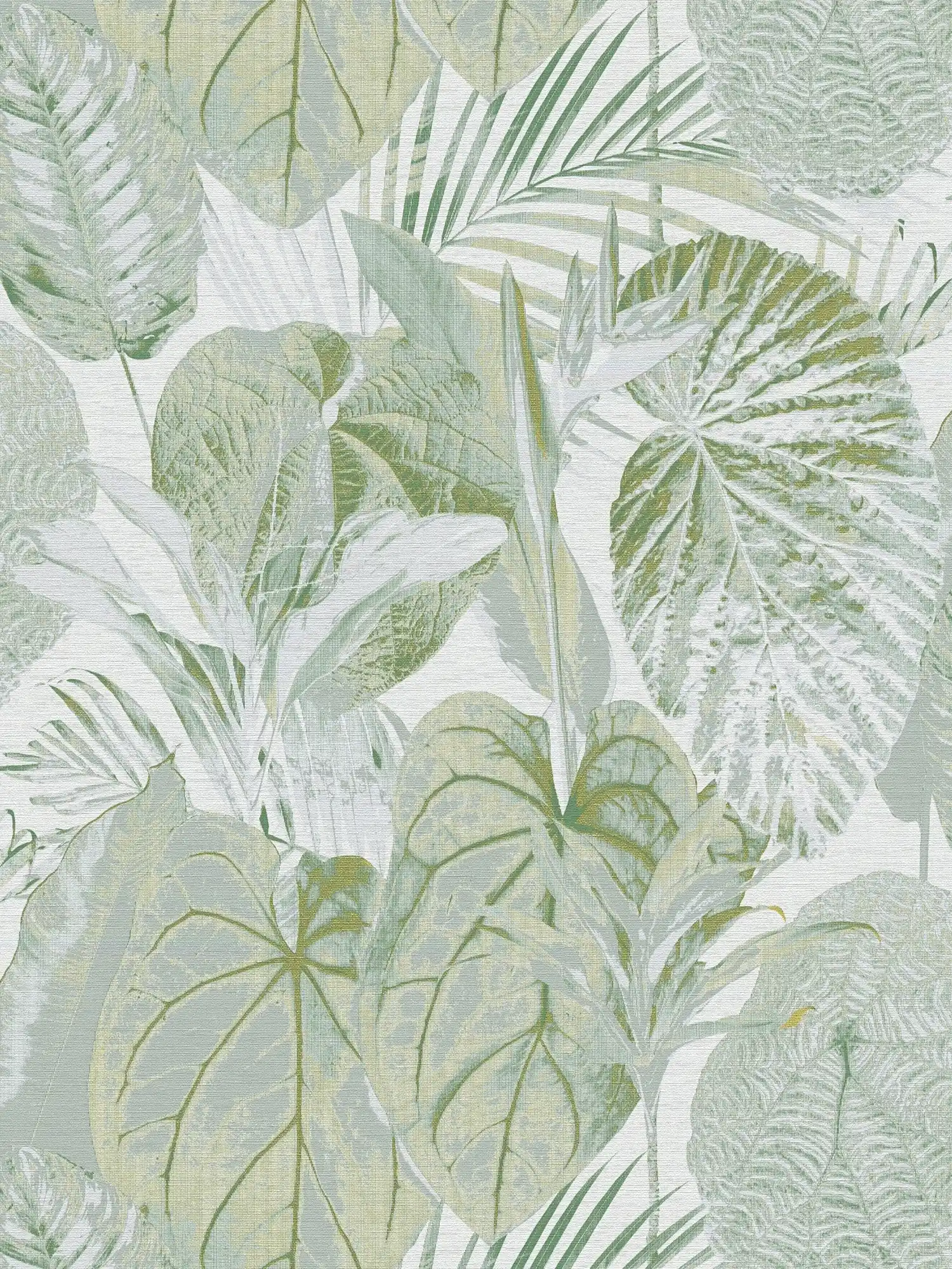 Onderlaag behang met bladeren en jungle patroon licht glanzend - groen, wit, grijs
