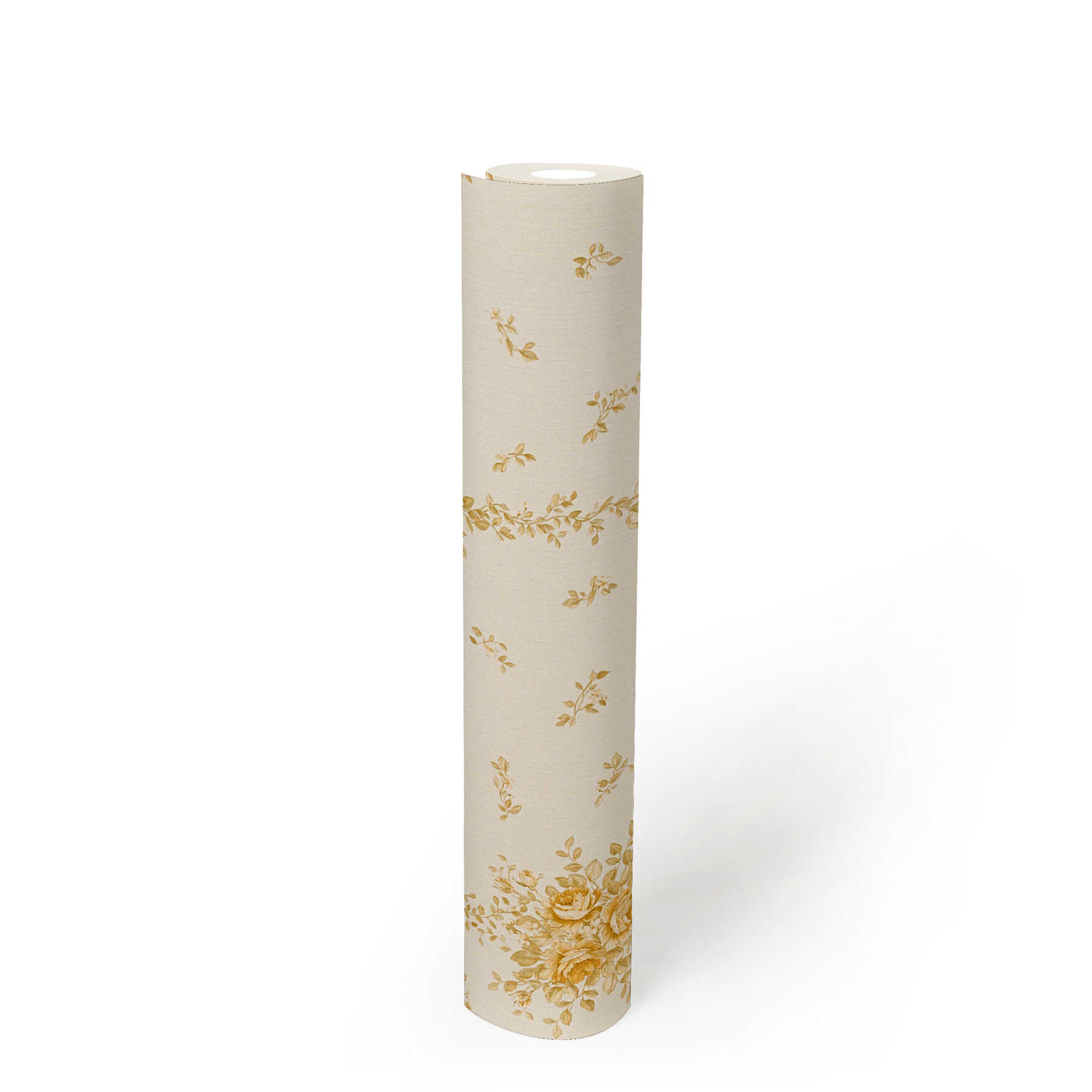            Papel pintado con motivos florales en oro metálico - crema
        