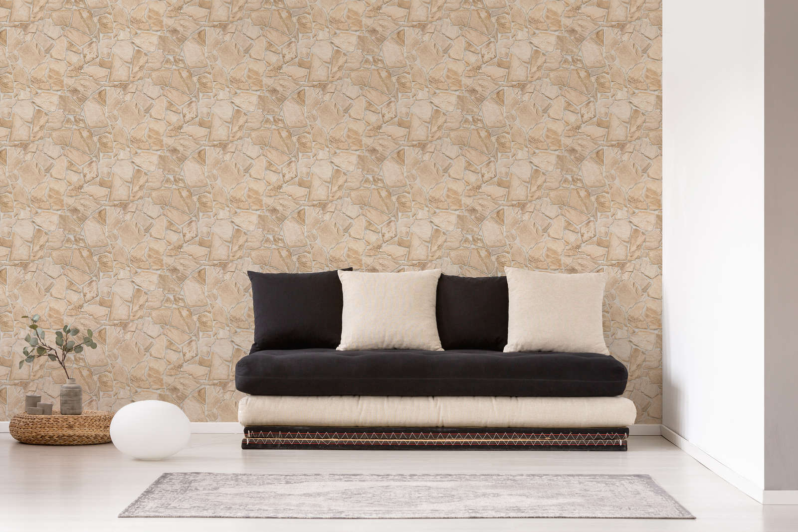            Stone Wall Wallpaper with 3D Optics - Beige, Brown
        