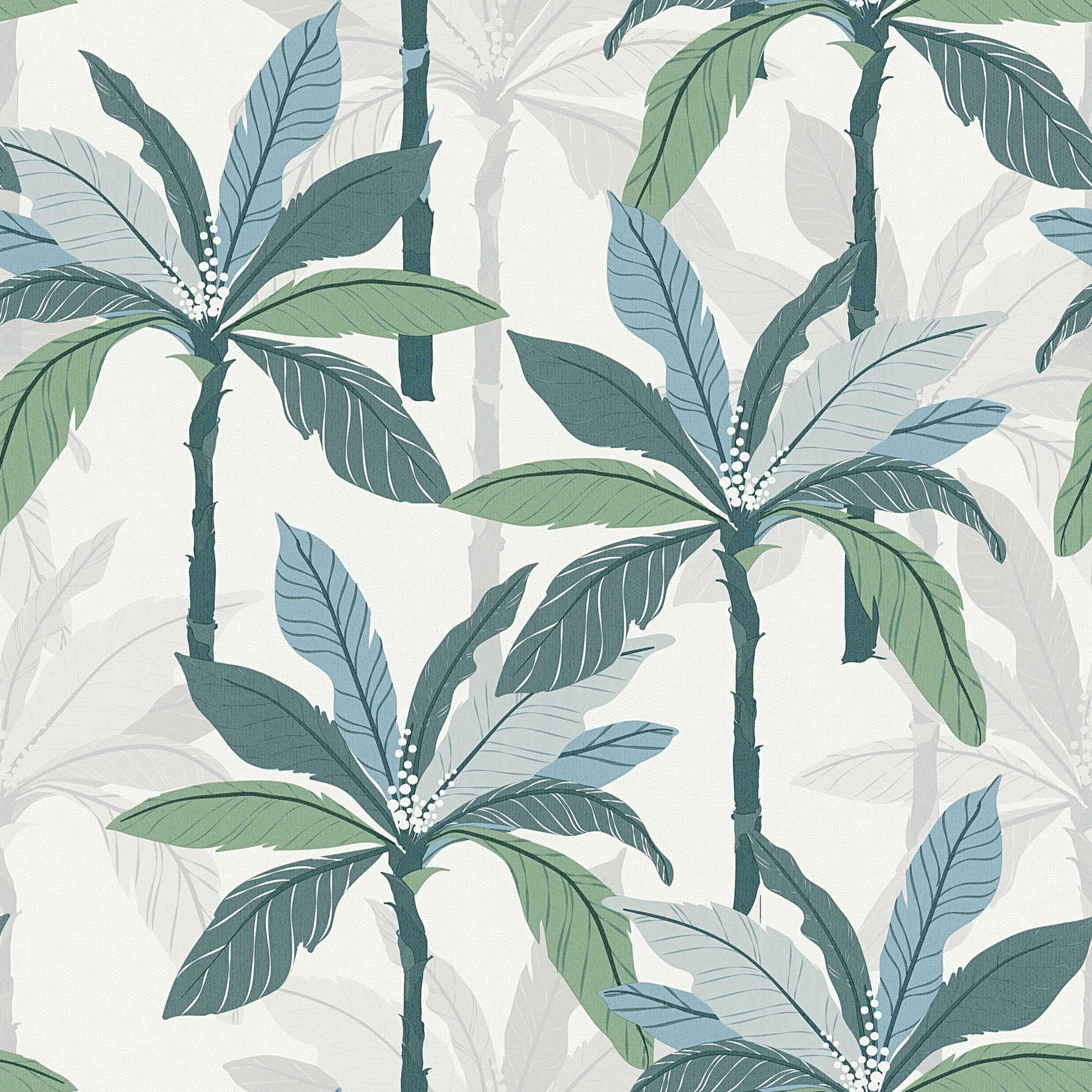 Papel pintado tropical con diseño de palmeras - azul, verde, blanco
