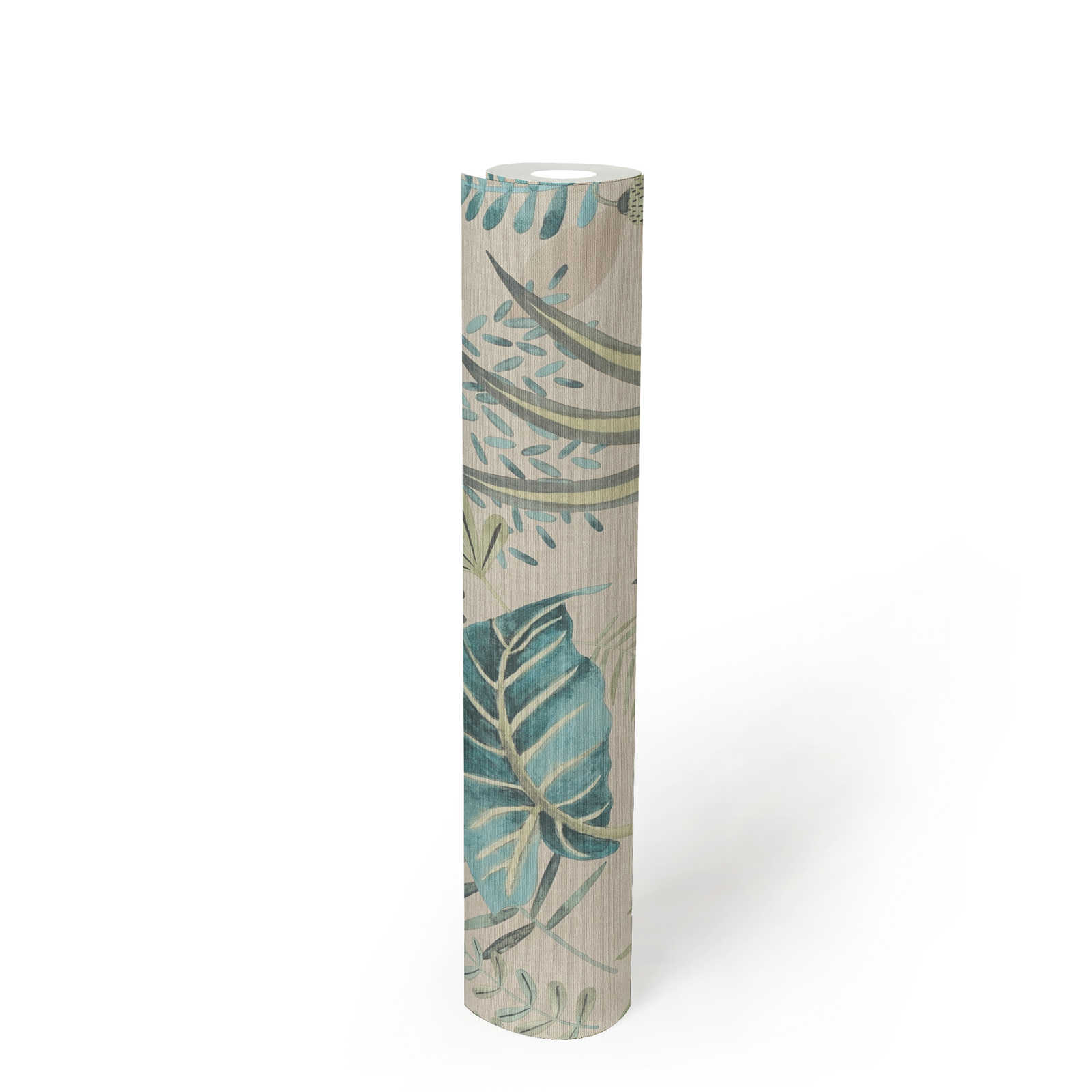             papel pintado floral con hojas mixtas textura ligera, mate - beige, verde, azul
        