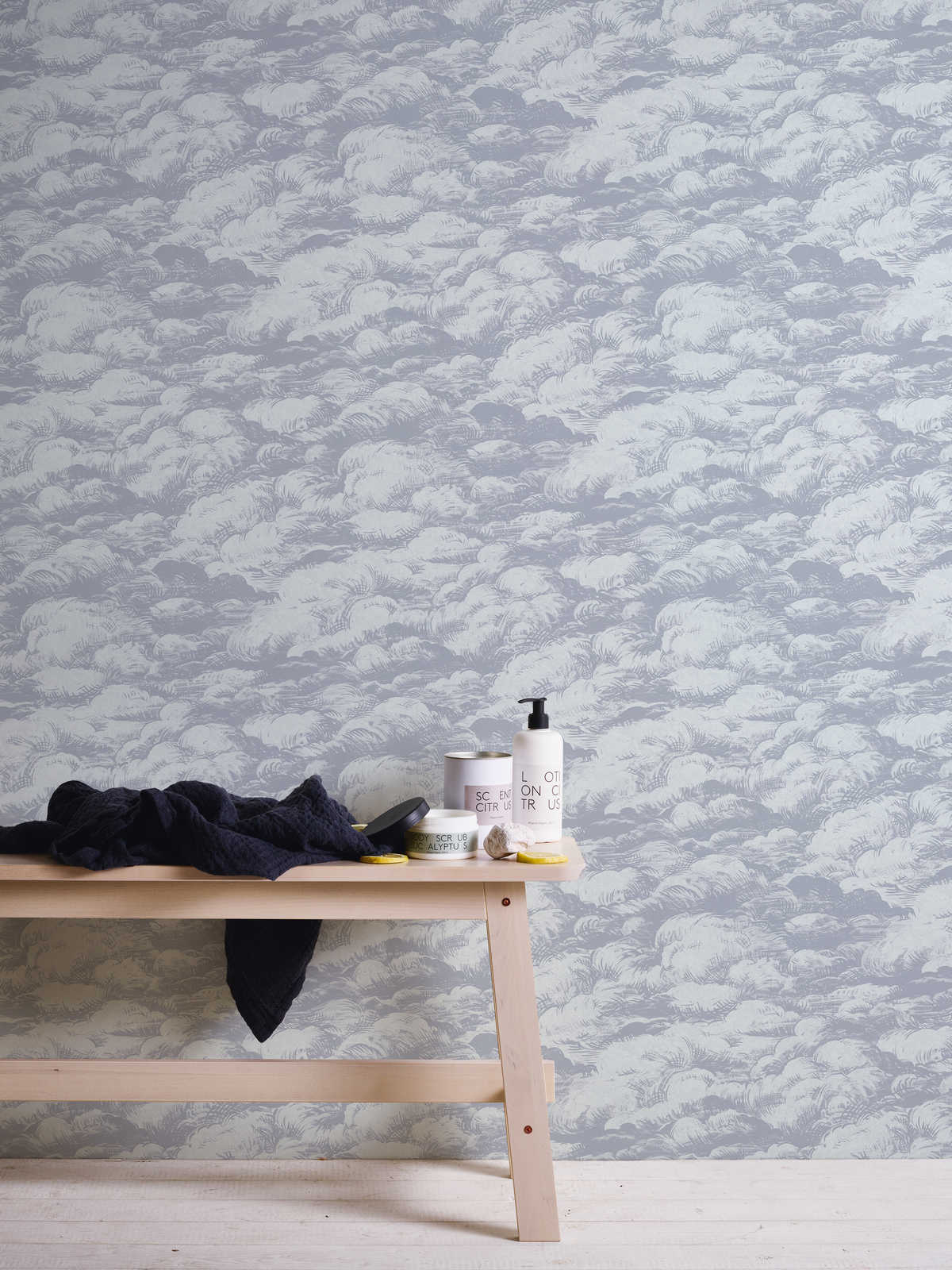             behang grijs met natuurmotief in vintage stijl - grijs, wit
        