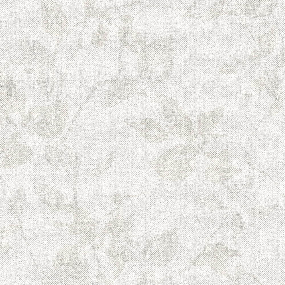             Carta da parati con motivo a foglie e aspetto lino - beige, grigio
        