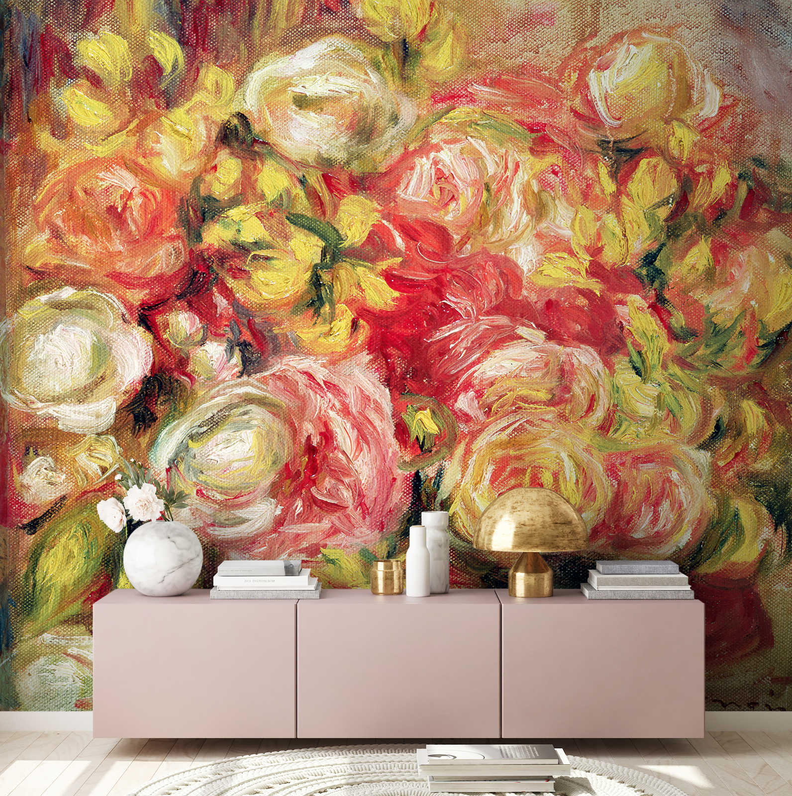             Roos in een vaas" muurschildering van Pierre Auguste Renoir
        