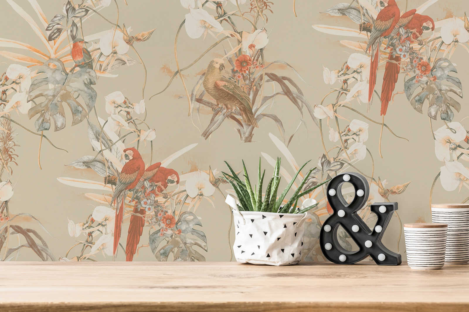             Wallpaper tropical design, parrot & exotic flowers - beige, brown
        