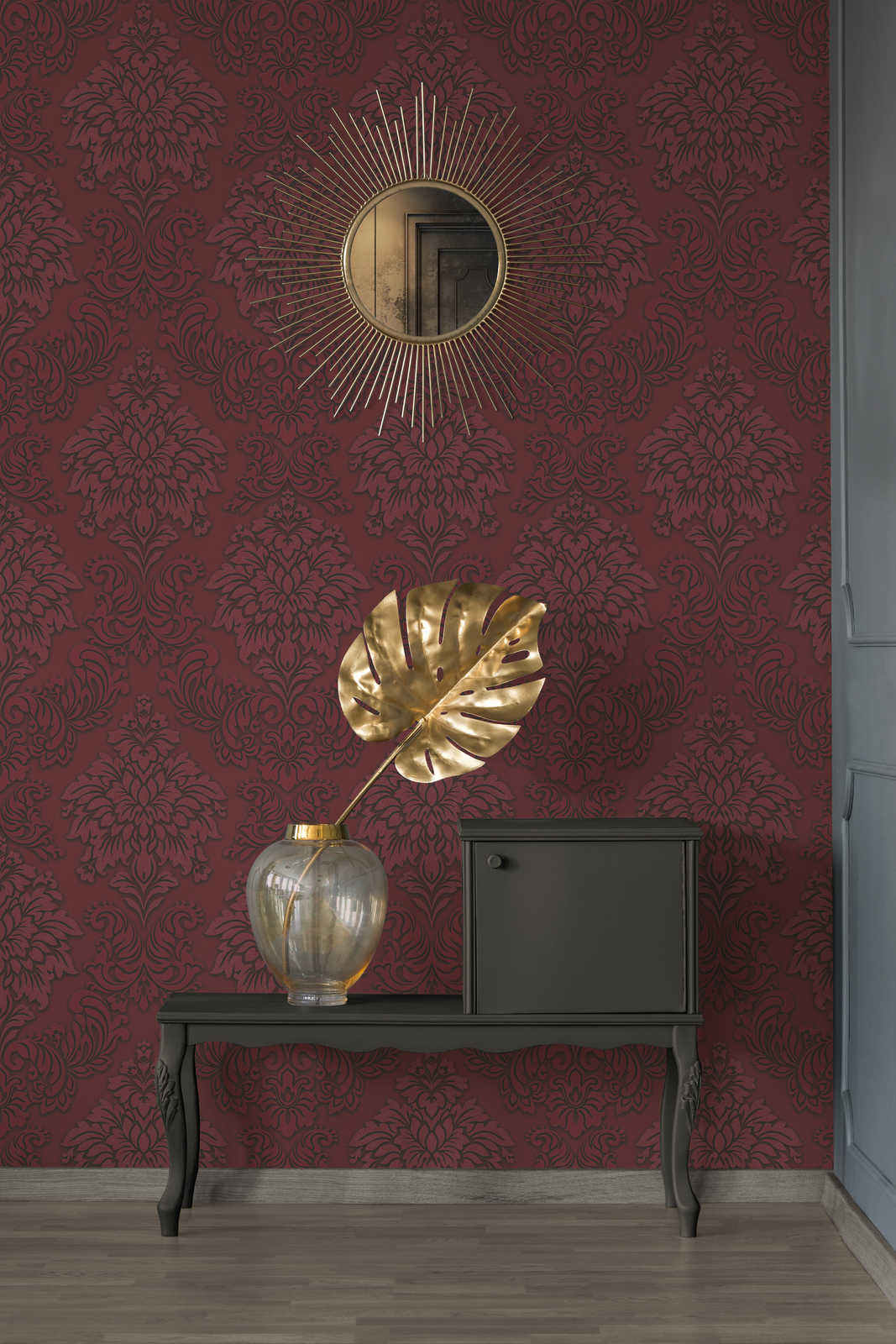             Barok behang ornamenten met glitter effect - rood, zilver, zwart
        