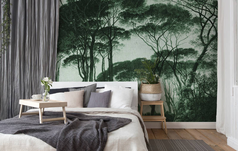             Papier peint forêt vierge style rétro avec aspect lin - vert, noir
        