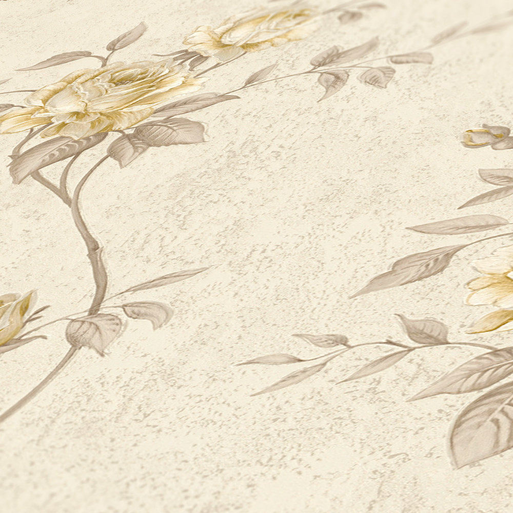             Papel pintado romántico de rosas con vides en flor - beige, marrón, crema
        