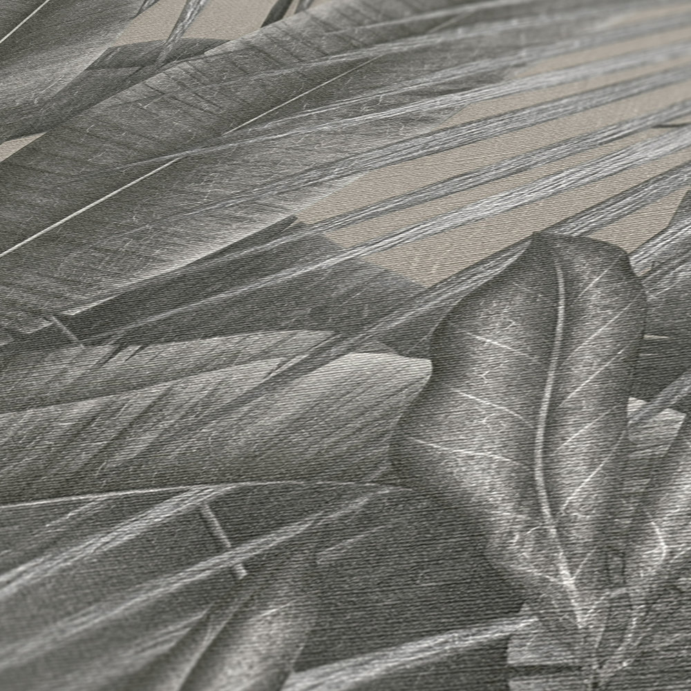             papier peint en papier intissé avec motifs de feuilles dans la jungle - gris, beige, noir
        