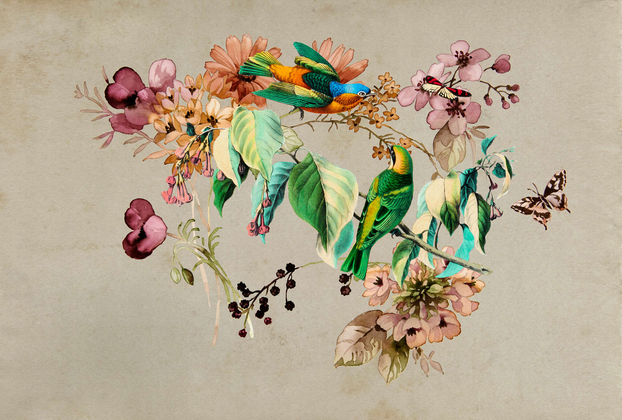             Love Nest 1 - papier peint avec des fleurs aquarelles et des oiseaux colorés
        