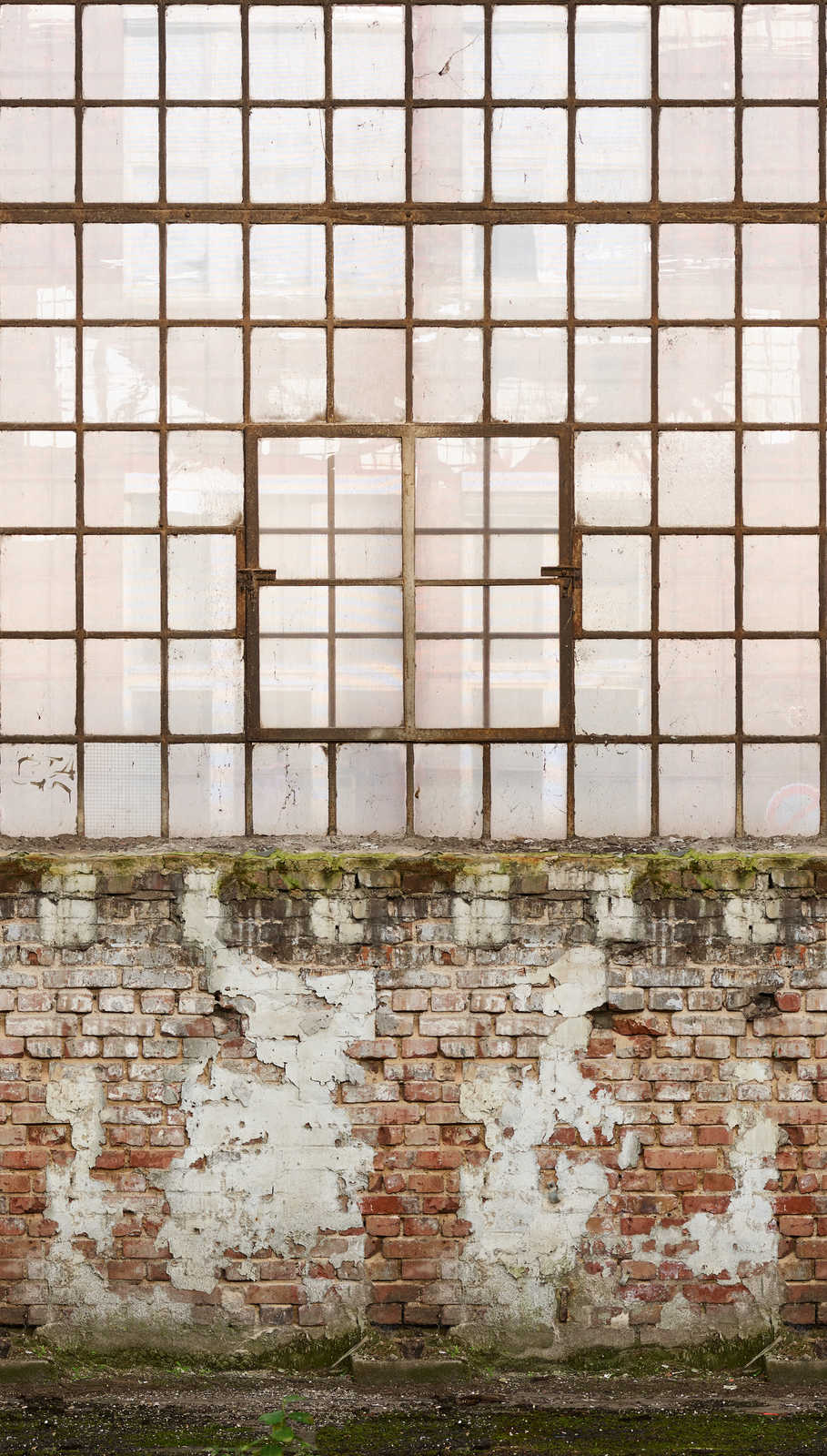             Non-woven wallpaper with cut-out of old factory building - cream, brown, green
        