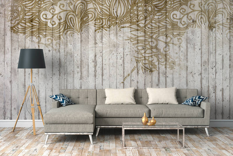             Concrete look mural with doodle style graphic - brown, grey
        