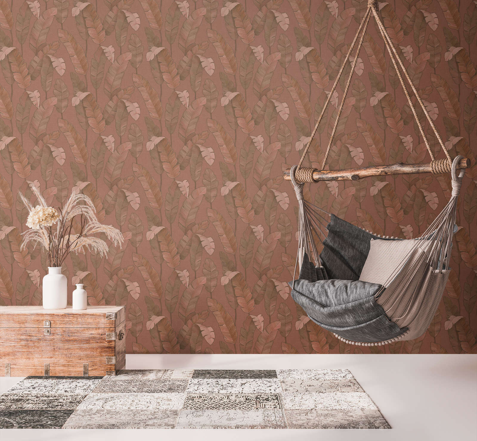             Tropical non-woven wallpaper with large palm leaves - reddish brown
        