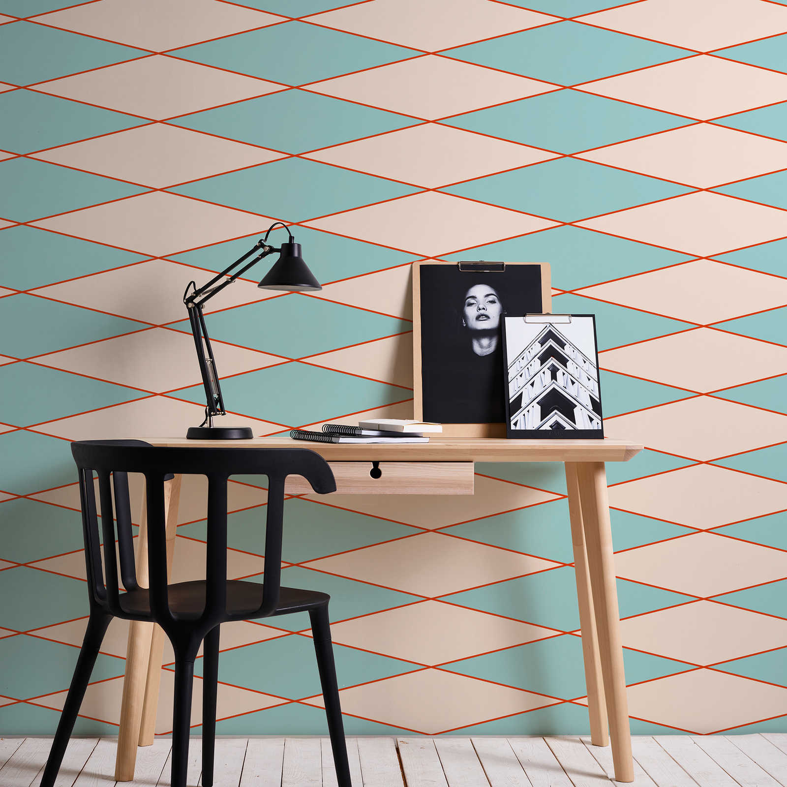 Retro wallpaper with graphic diamond pattern - cream, turquoise, orange | structure non-woven
