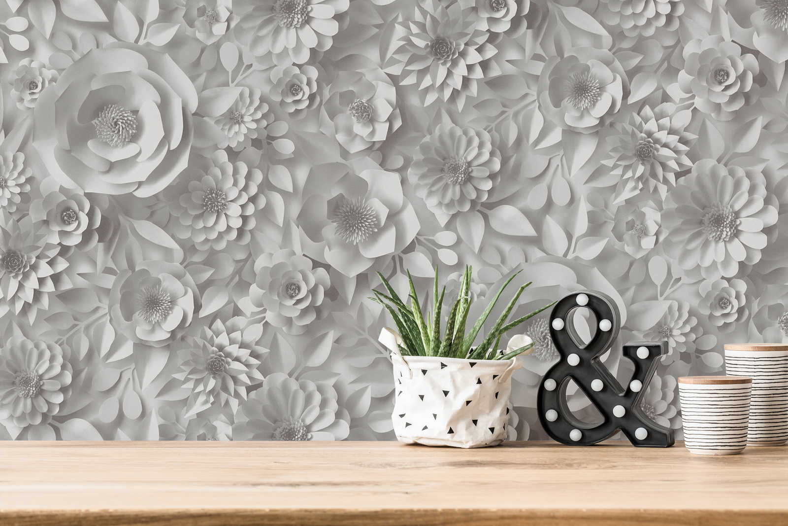             3D wallpaper with paper flowers, graphic floral pattern - white
        