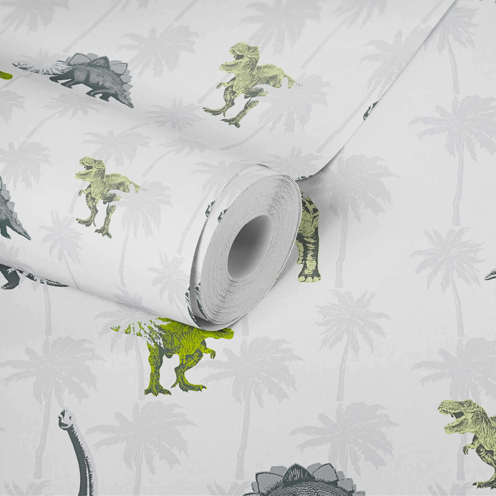             Kids room wallpaper dinosaur for boys - grey, green
        