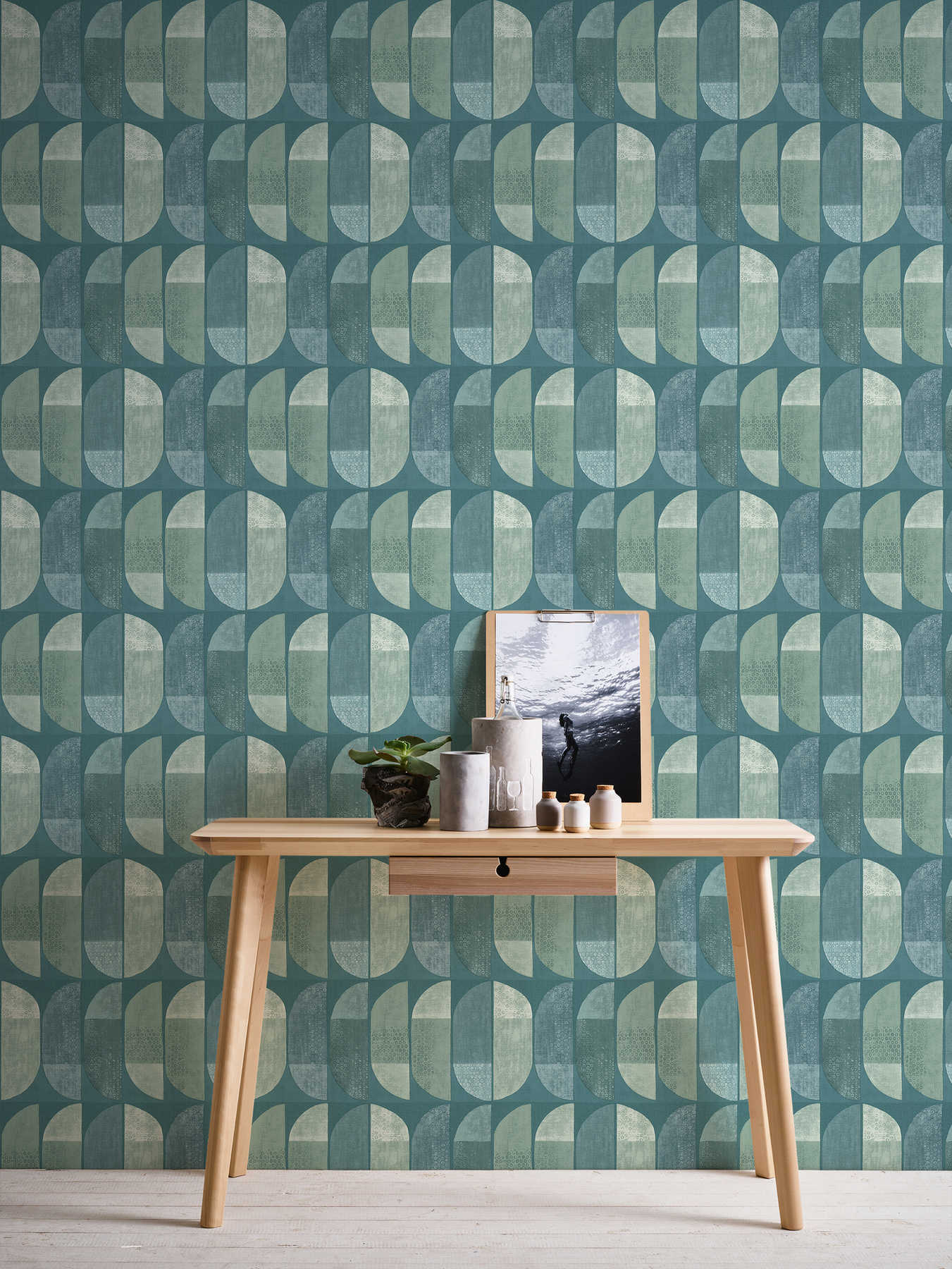             Wallpaper geometric retro pattern, Scandinavian style - blue, green
        