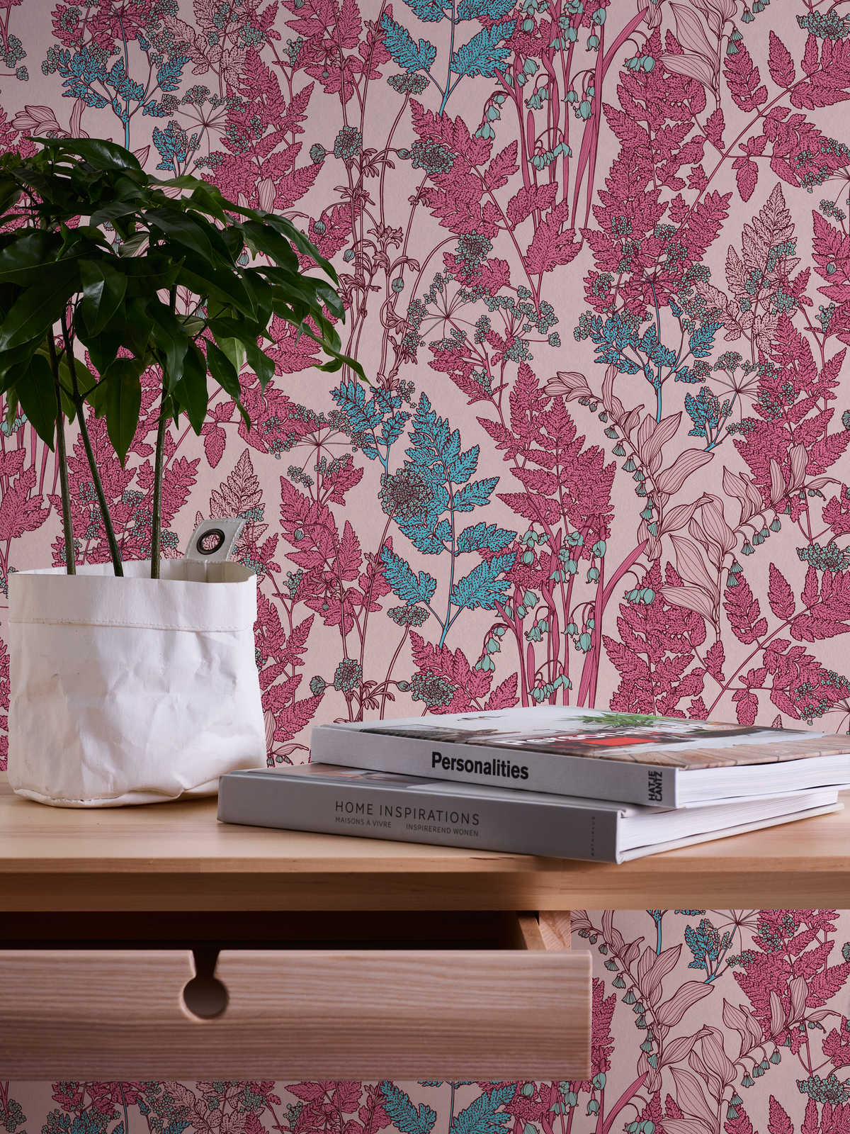             Pink floral wallpaper with floral design in botanical style - pink, red, blue
        