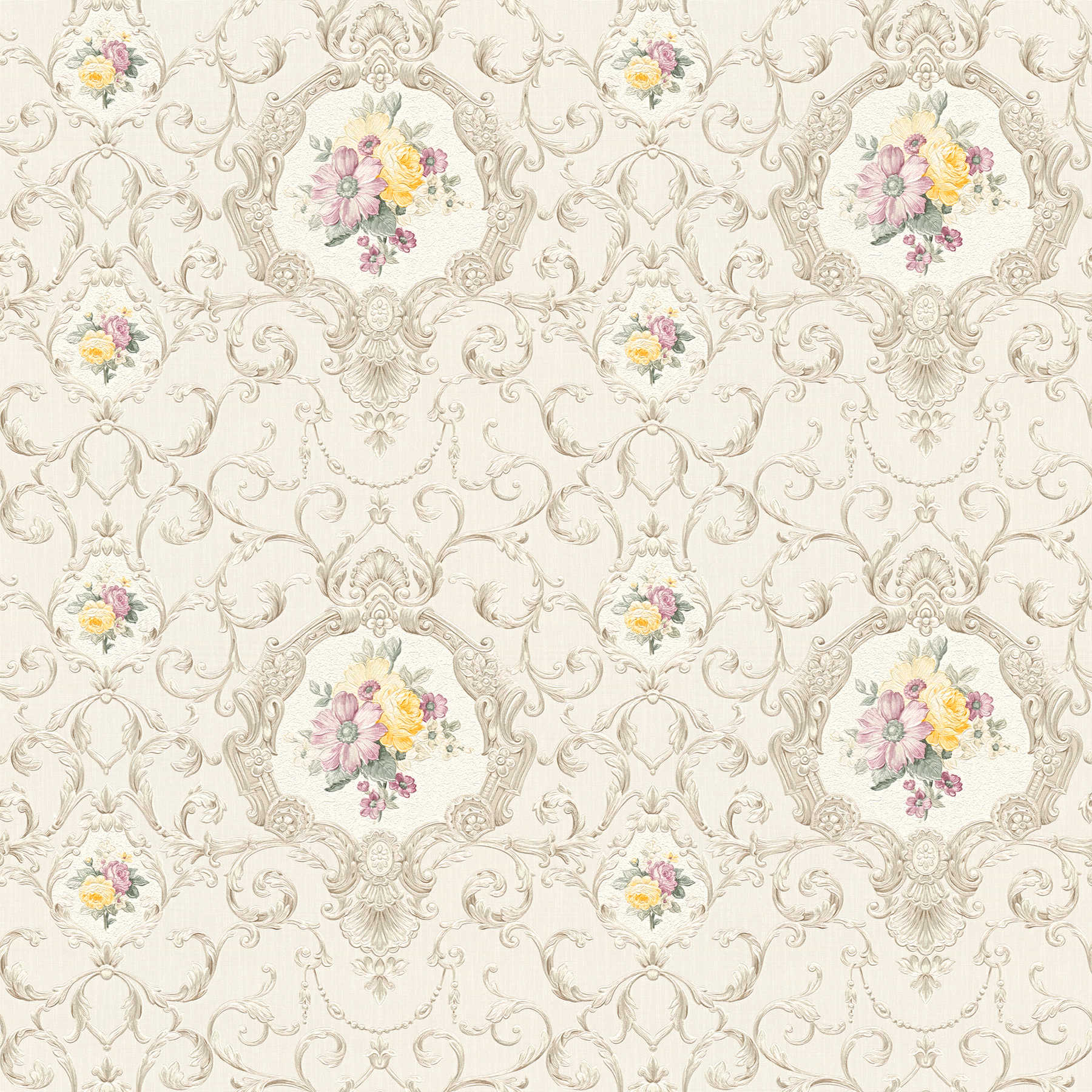 Papier peint néo-baroque motif floral ornemental - multicolore, crème
