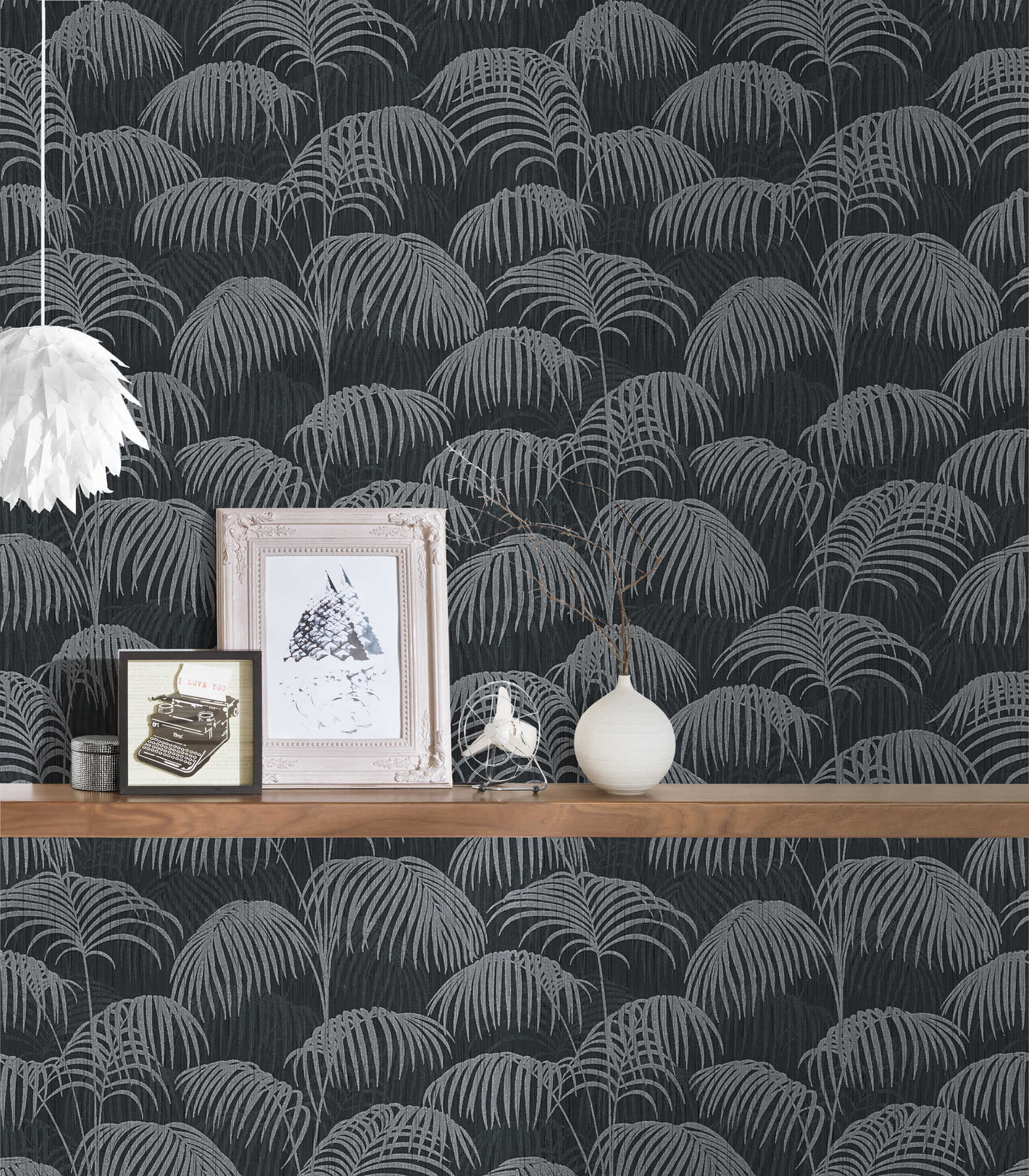             Wallpaper palm leaves nature pattern with depth effect - grey, black
        