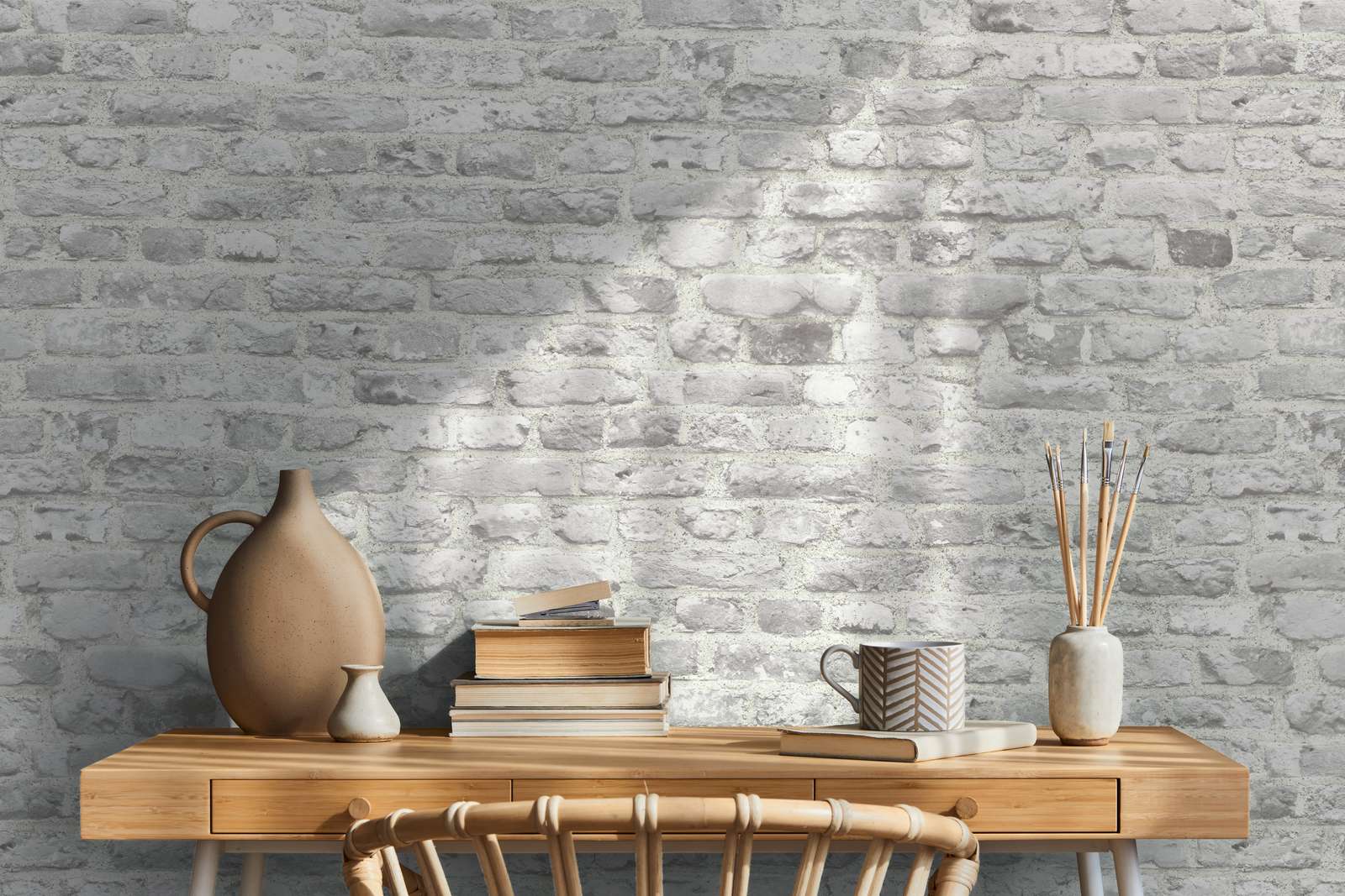             Stone look wallpaper with 3D brickwork - grey, white
        