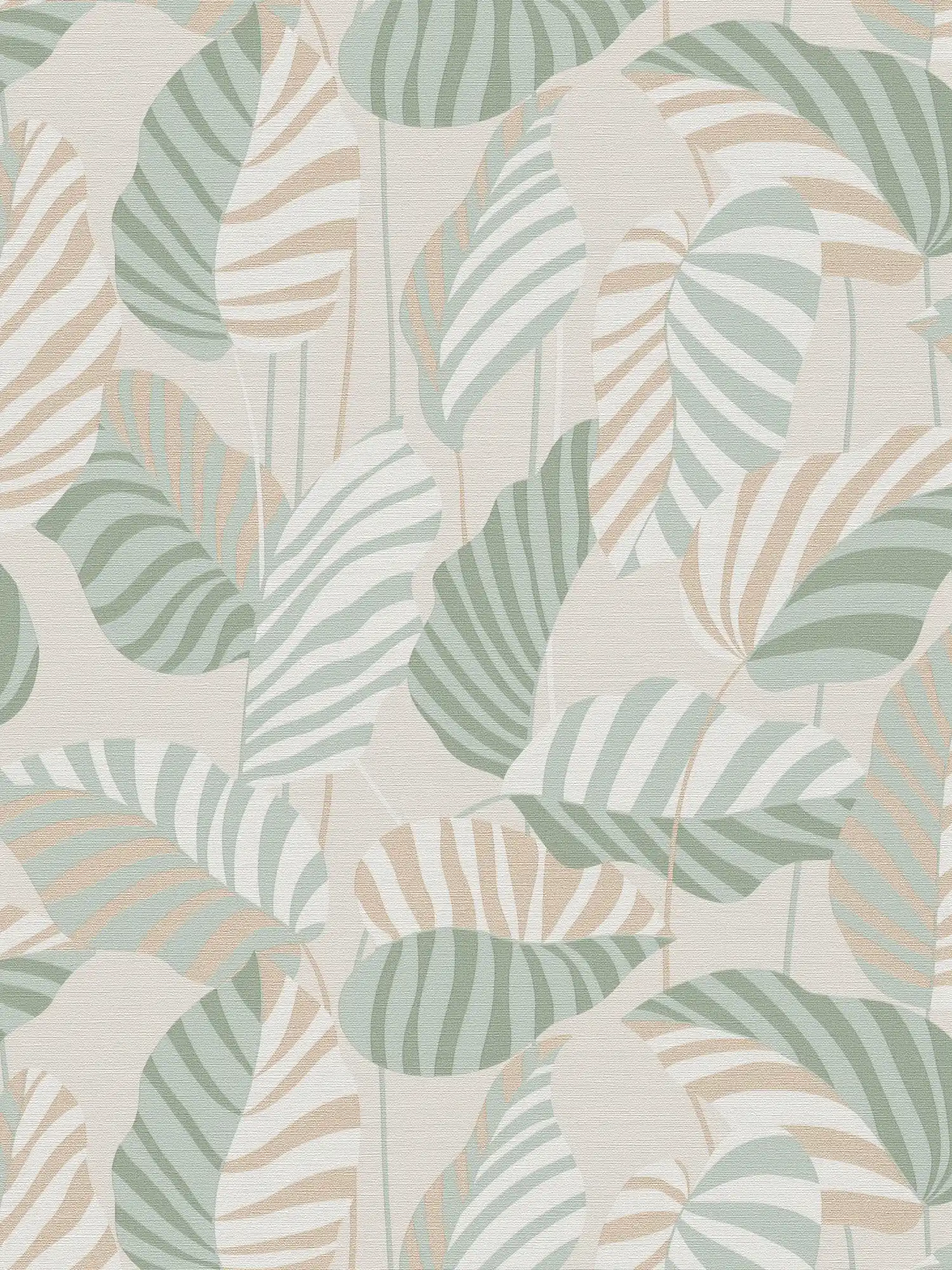 Non-woven wallpaper in natural style with slightly shiny palm leaves - cream, green, gold
