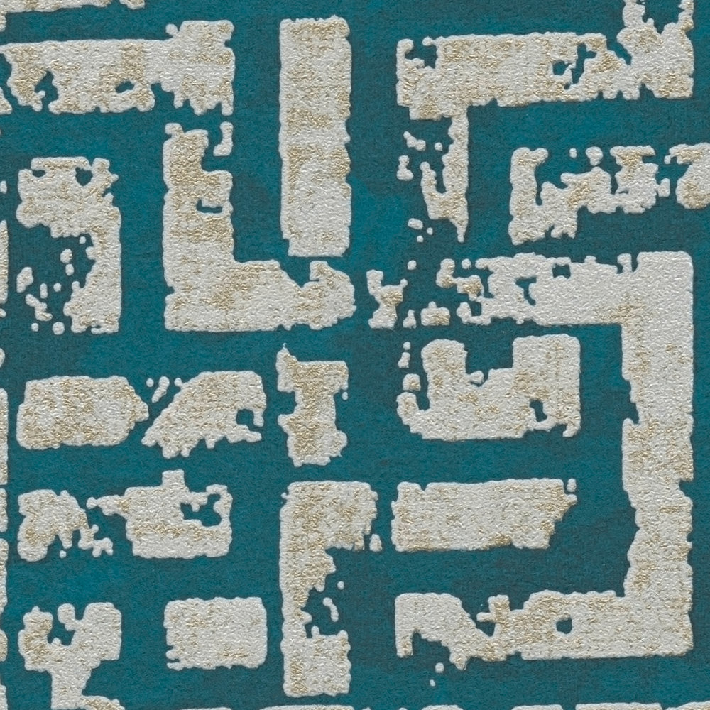             Papier peint ethnique avec design graphique en relief - bleu, vert, beige
        