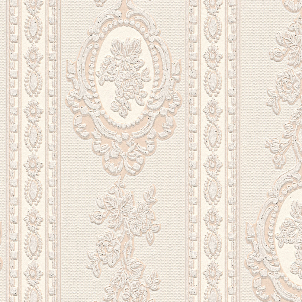             Ornamental wallpaper floral elements, stripes and flowers - beige, cream, silver
        