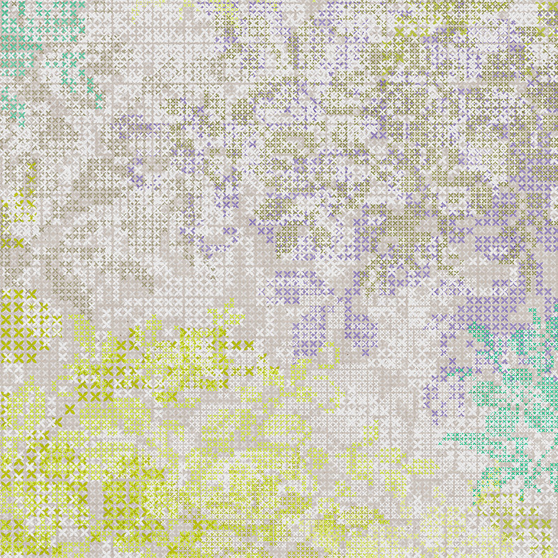         Flowers mural with pixel pattern - colourful, grey
    