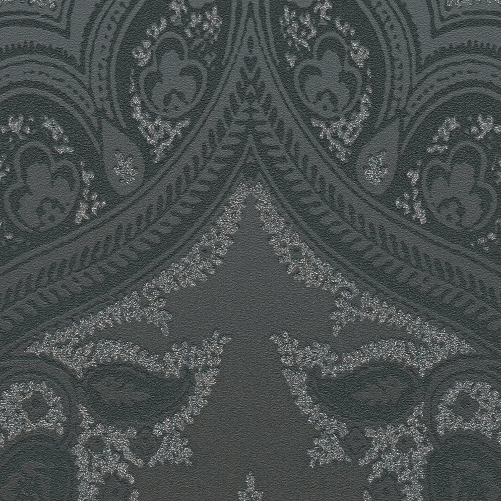             Papel pintado negro con motivos ornamentales y efecto plateado - metálico, negro
        