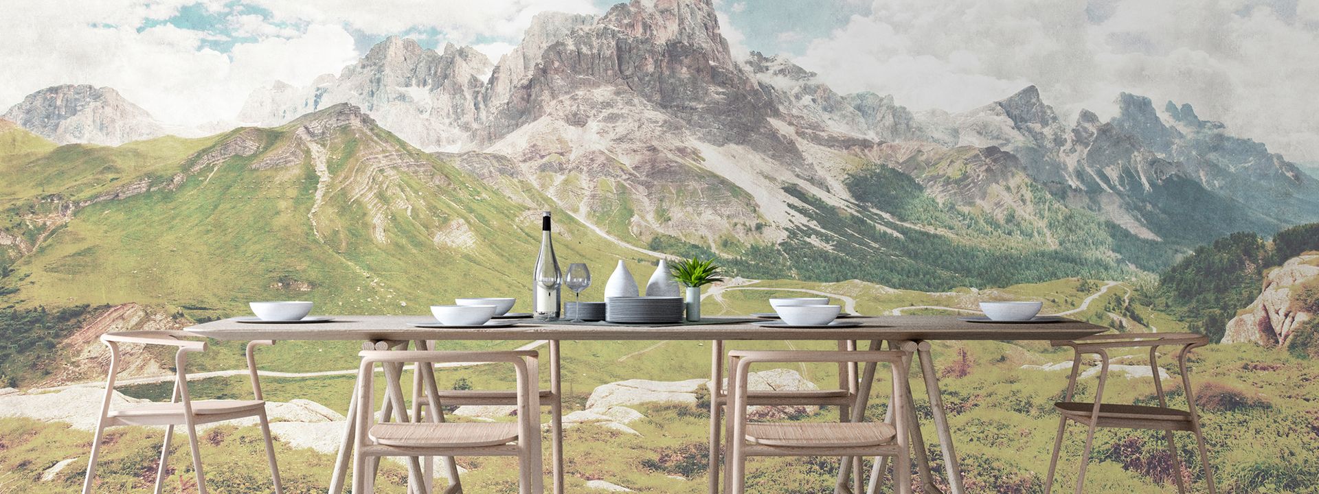 Landscape photo wallpaper in dining room, vintage mountain panorama DD113667