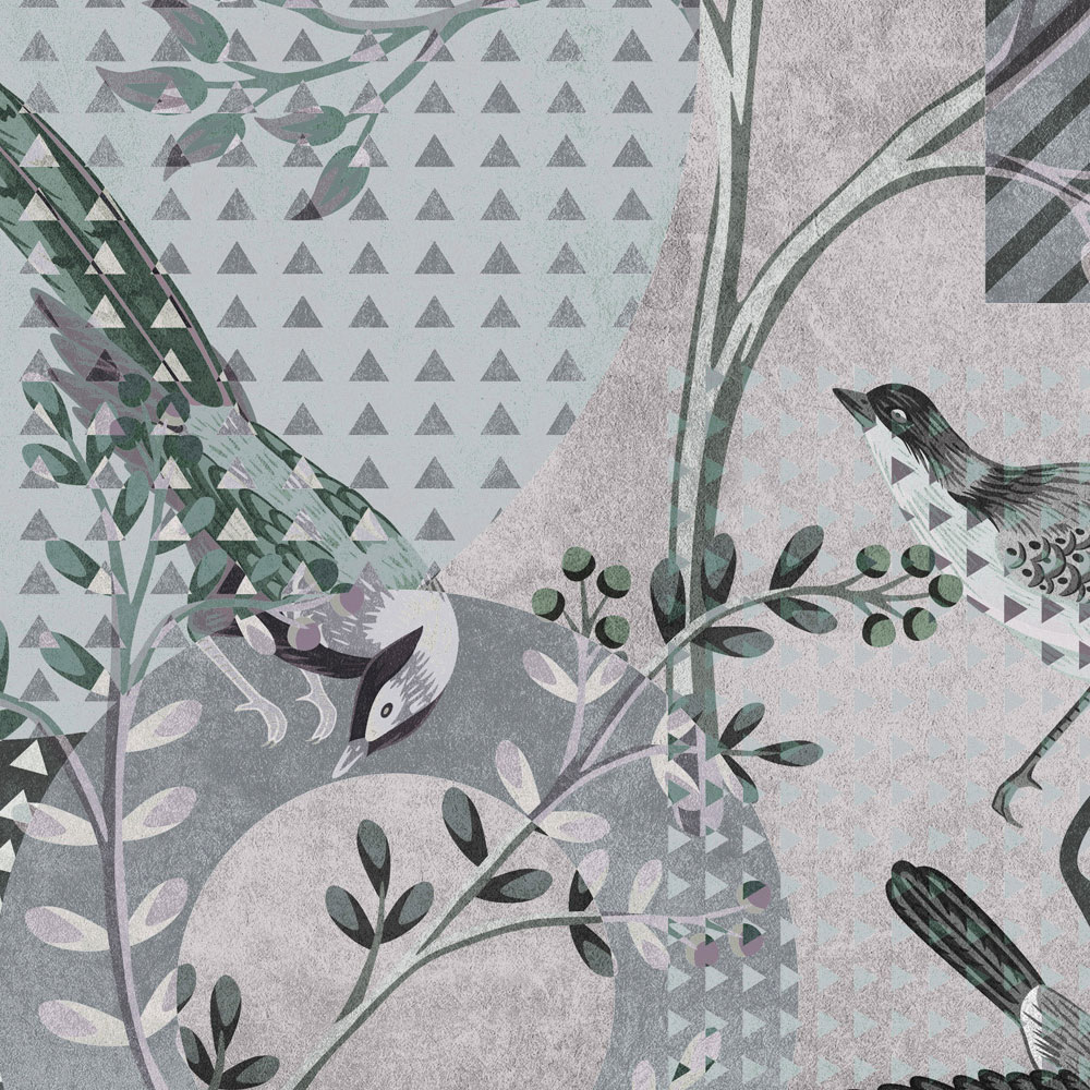             Birds Playgroude 1 - Mural de pared collage gris de pájaros y patrones
        