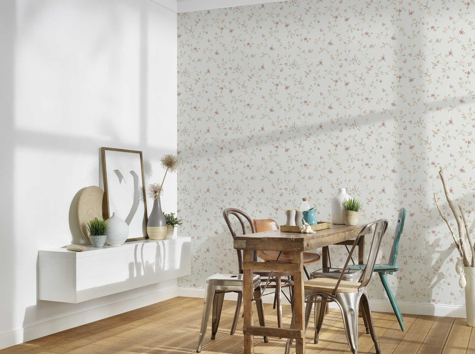             Wallpaper with flowers pattern in country style - colourful, green, white
        
