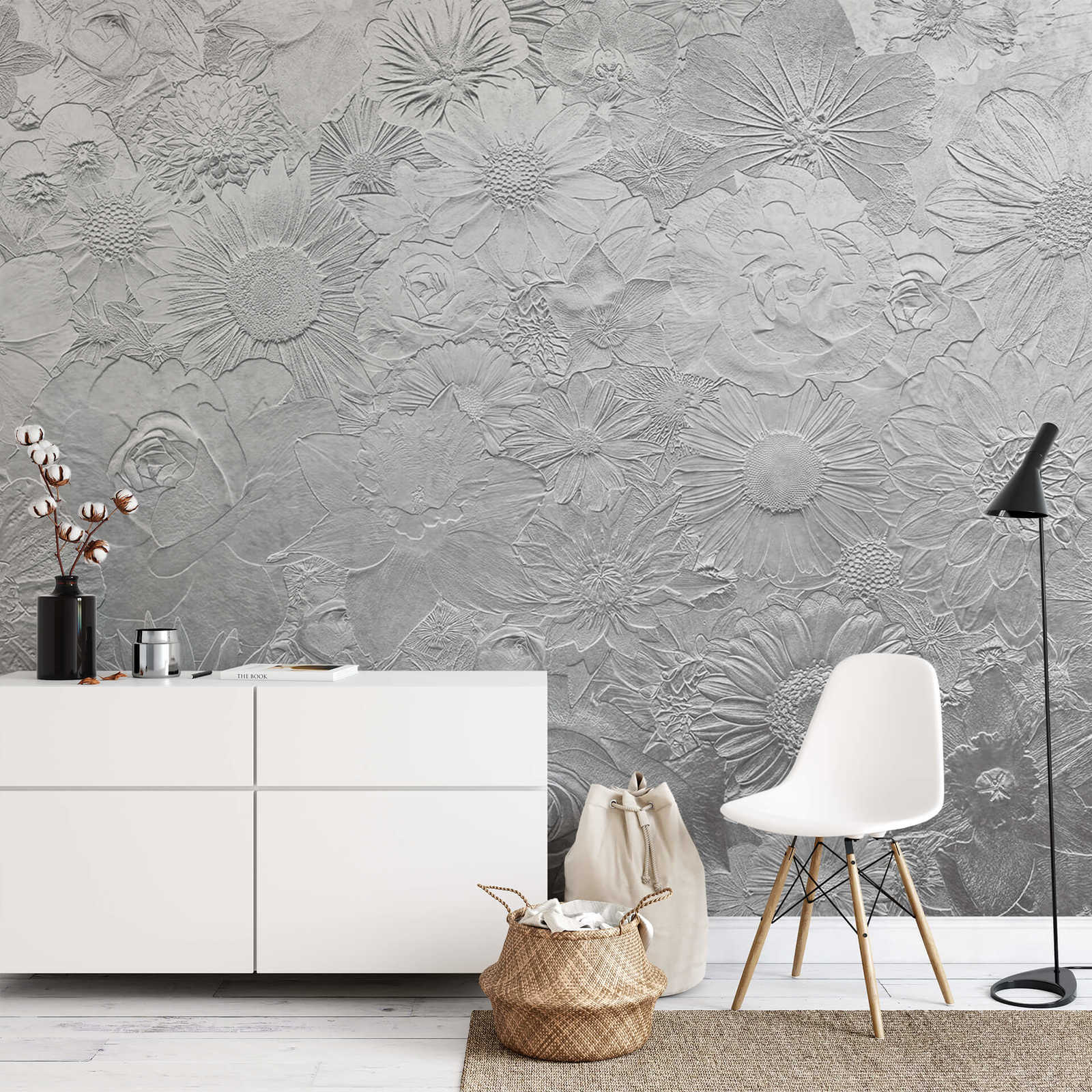             Photo wallpaper silver flowers - grey
        