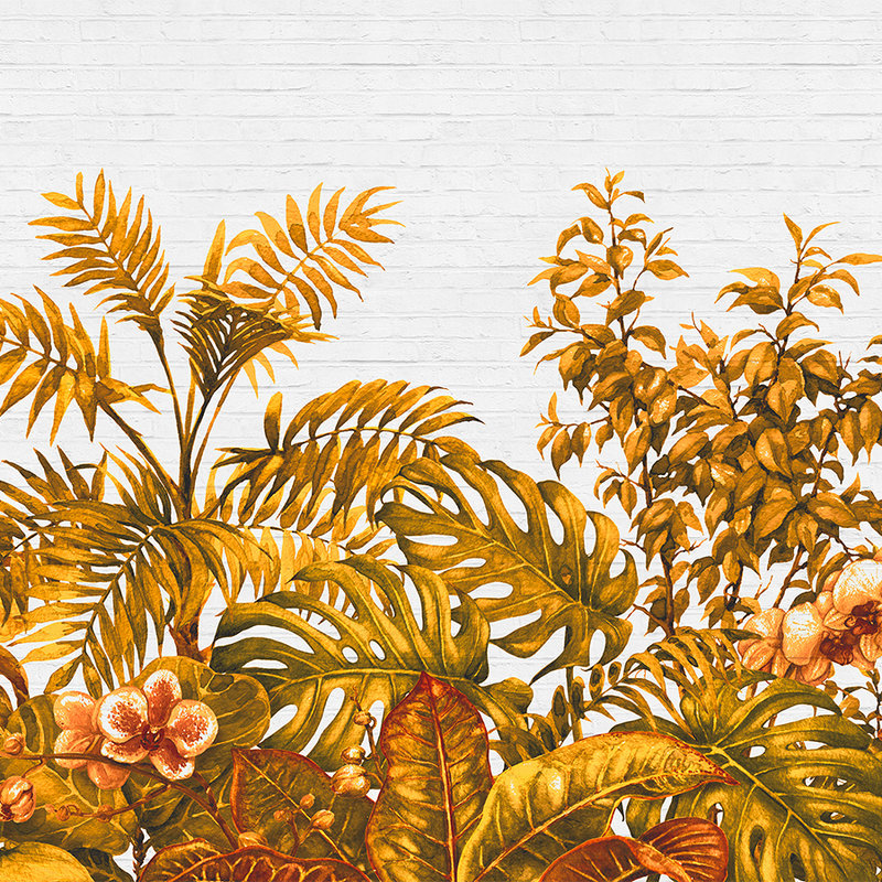 Muurschildering Jungle Planten & Stenen Muur - Oranje, Wit
