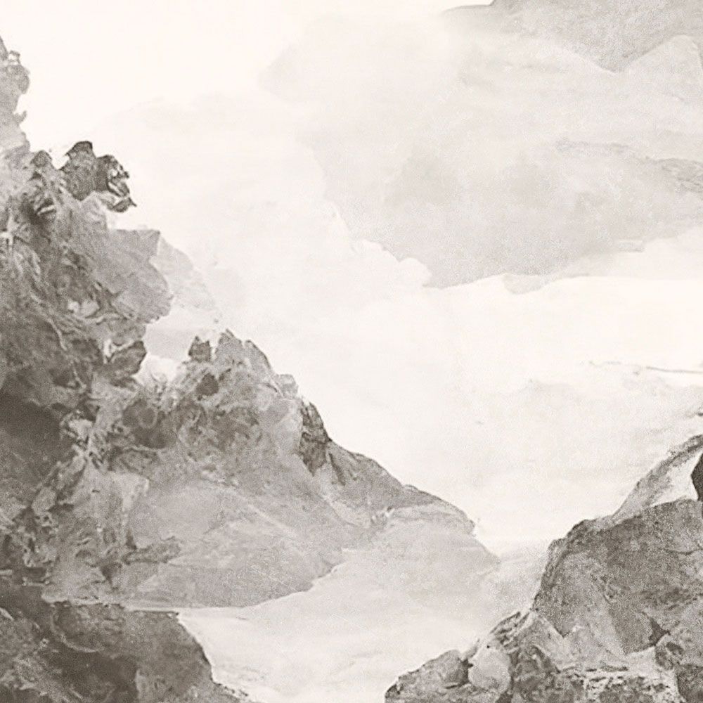             Photo wallpaper »tinterra 1« - Landscape with mountains & fog - Grey | Smooth, slightly shiny premium non-woven fabric
        