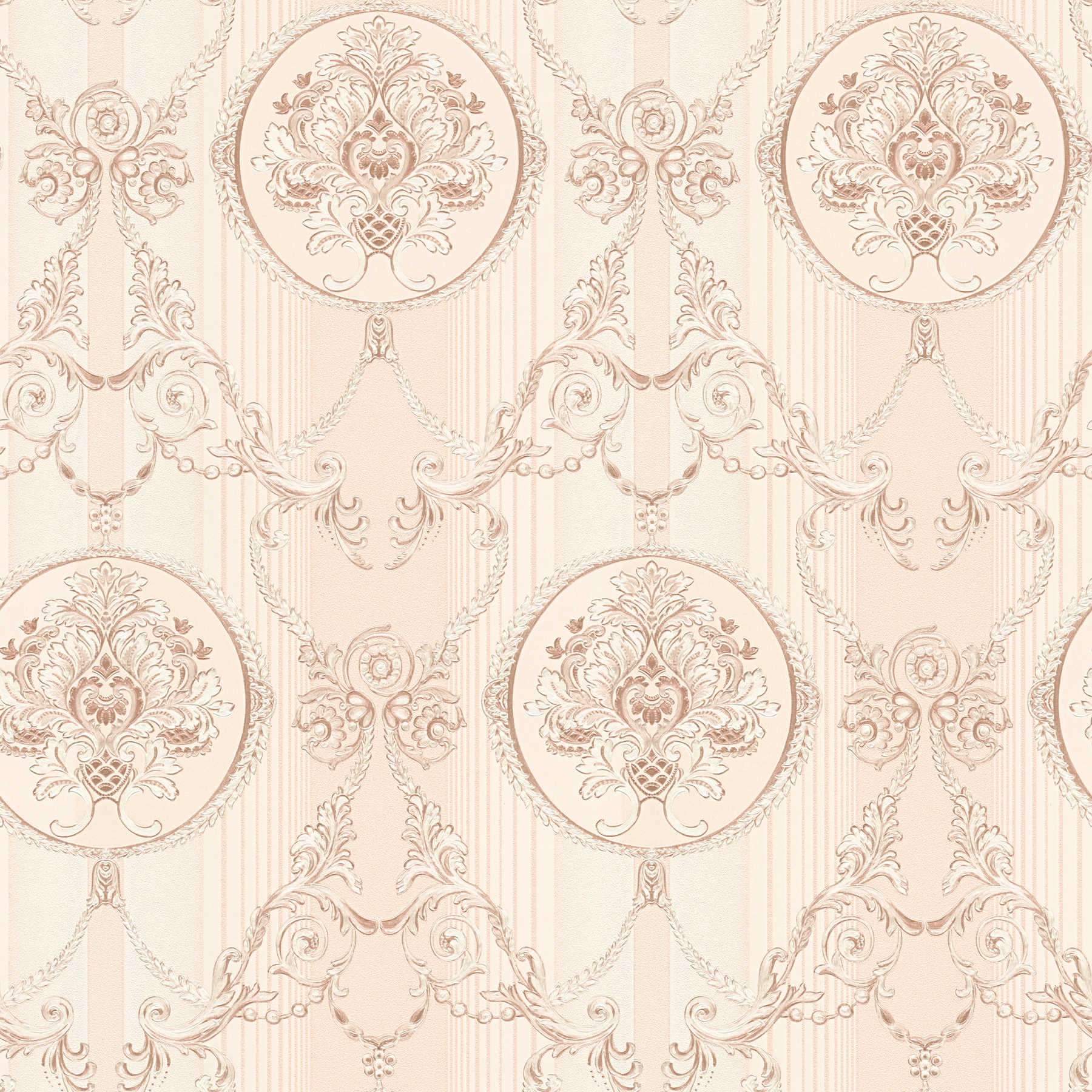 Papier peint néo-baroque avec motif ornemental & rayures - crème, rose
