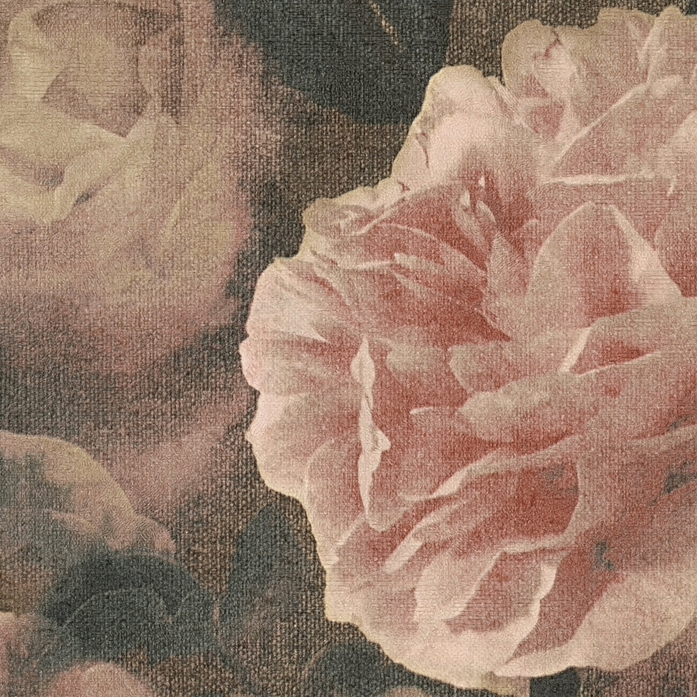            Papier peint fleuri Roses au look vintage - rose, rouge, noir
        