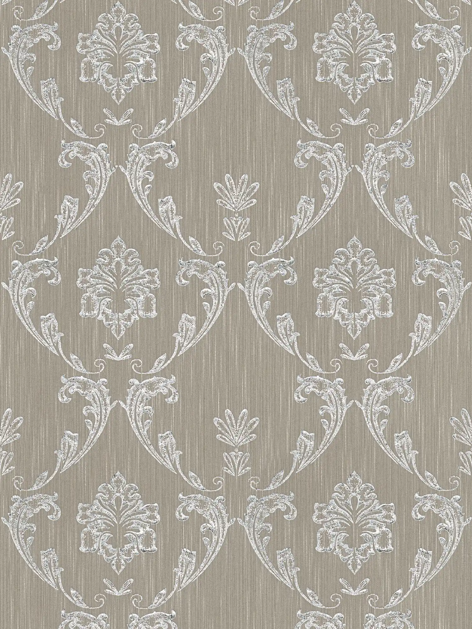 Ornamental wallpaper with floral elements in silver - silver, brown
