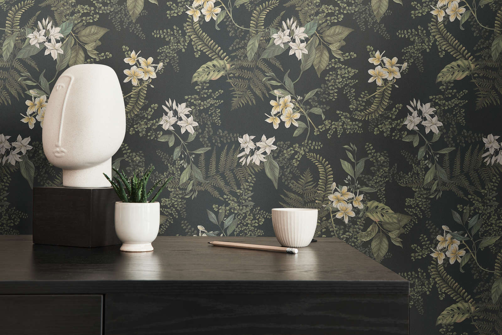             papier peint moderne floral avec fleurs & herbes structuré mat - noir, vert foncé, blanc
        