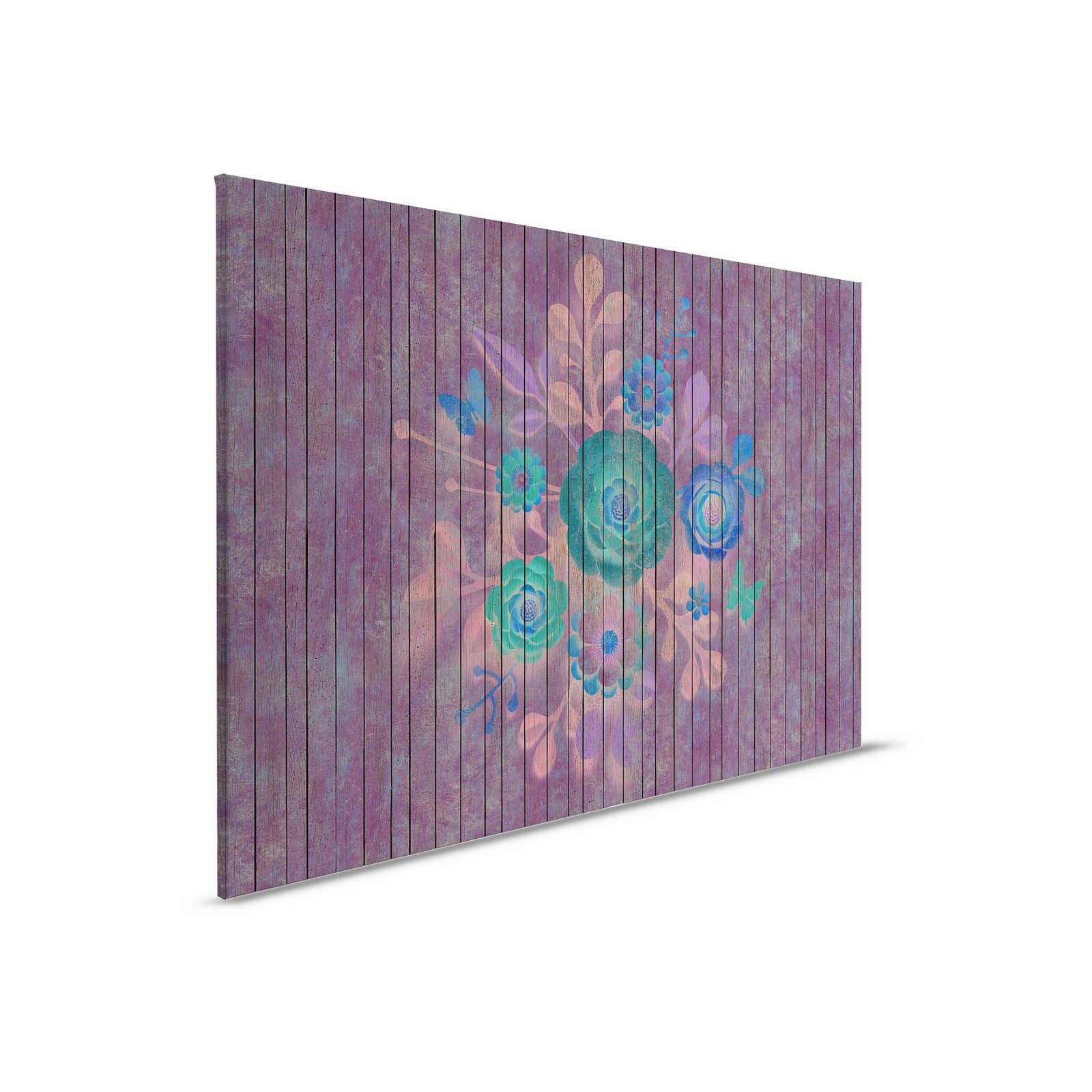 Spuitboeket 1 - Canvas schilderij met bloemen op board muur - Houten panelen breed - 0.90 m x 0.60 m

